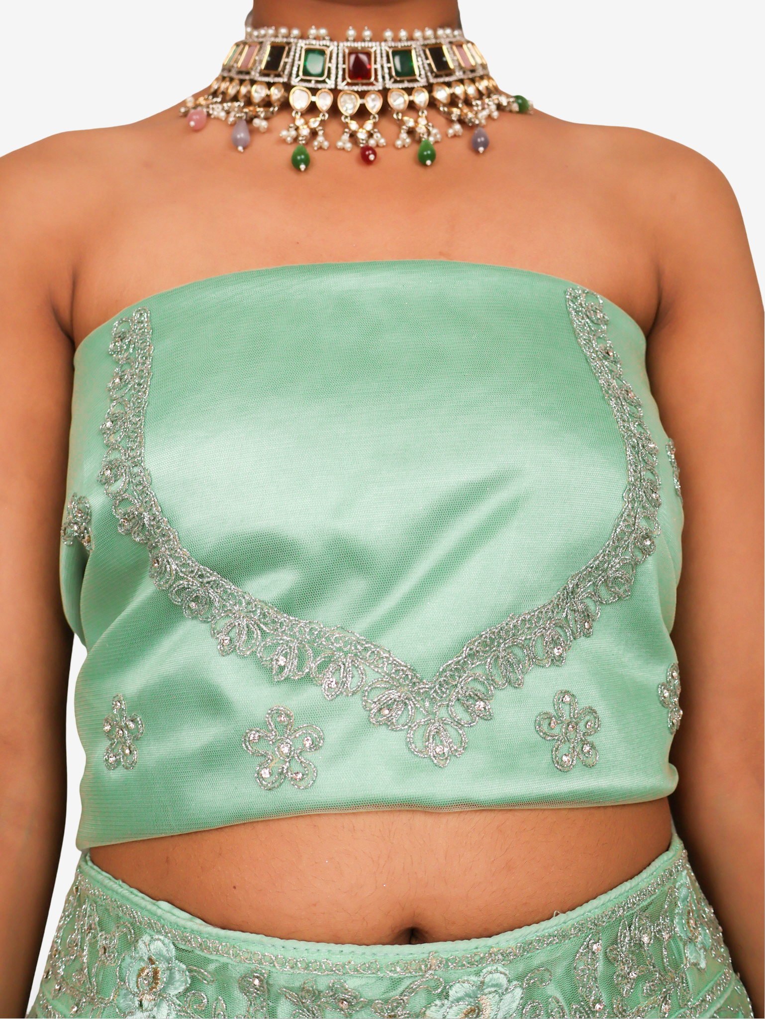 Semi-Stitched Lehenga with American Diamond & Zari Thread Work by Shreekama Pista Green Semi-Stitched Lehenga for Party Festival Wedding Occasion in Noida