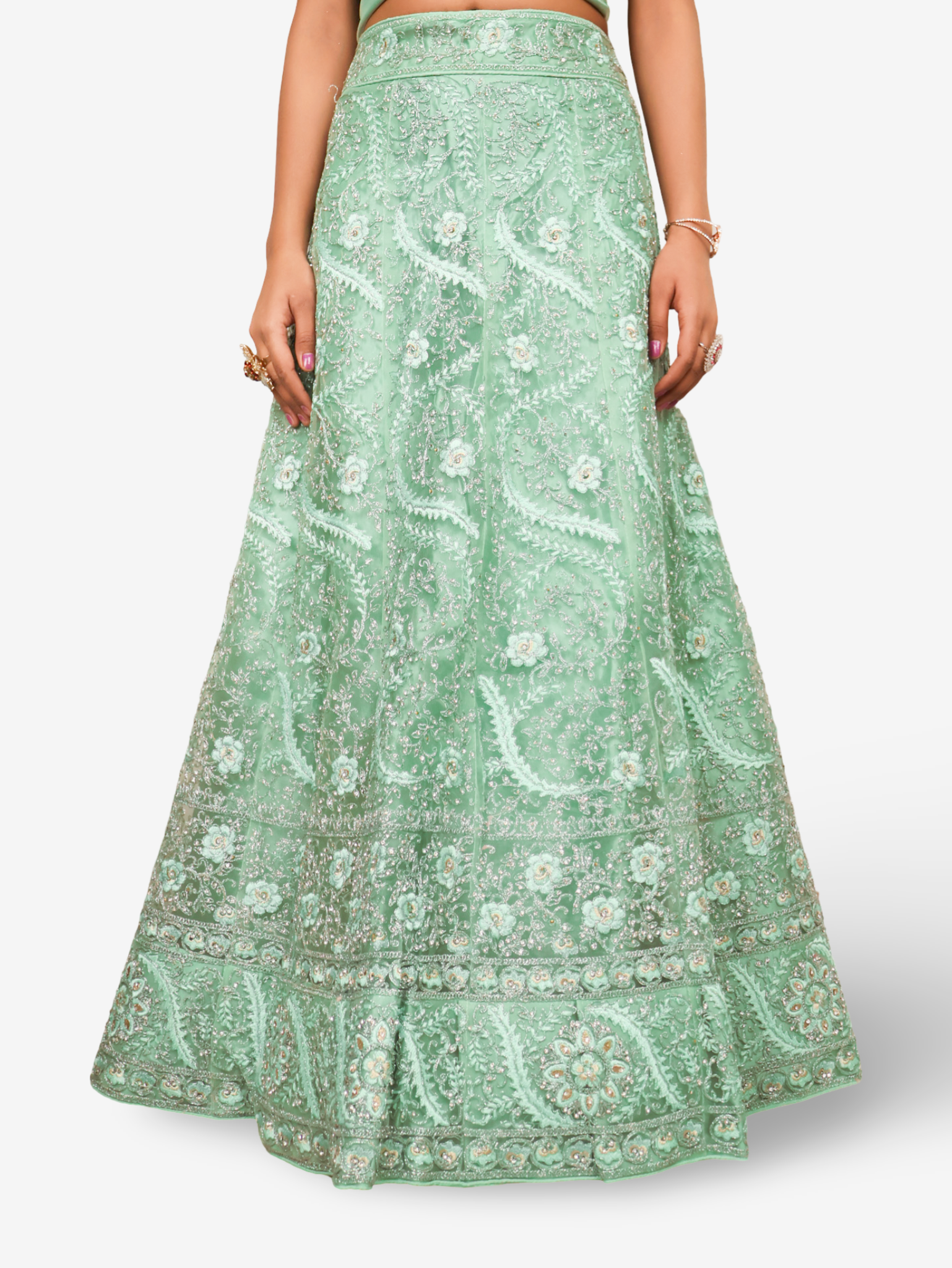 Semi-Stitched Lehenga with American Diamond & Zari Thread Work by Shreekama Pista Green Semi-Stitched Lehenga for Party Festival Wedding Occasion in Noida