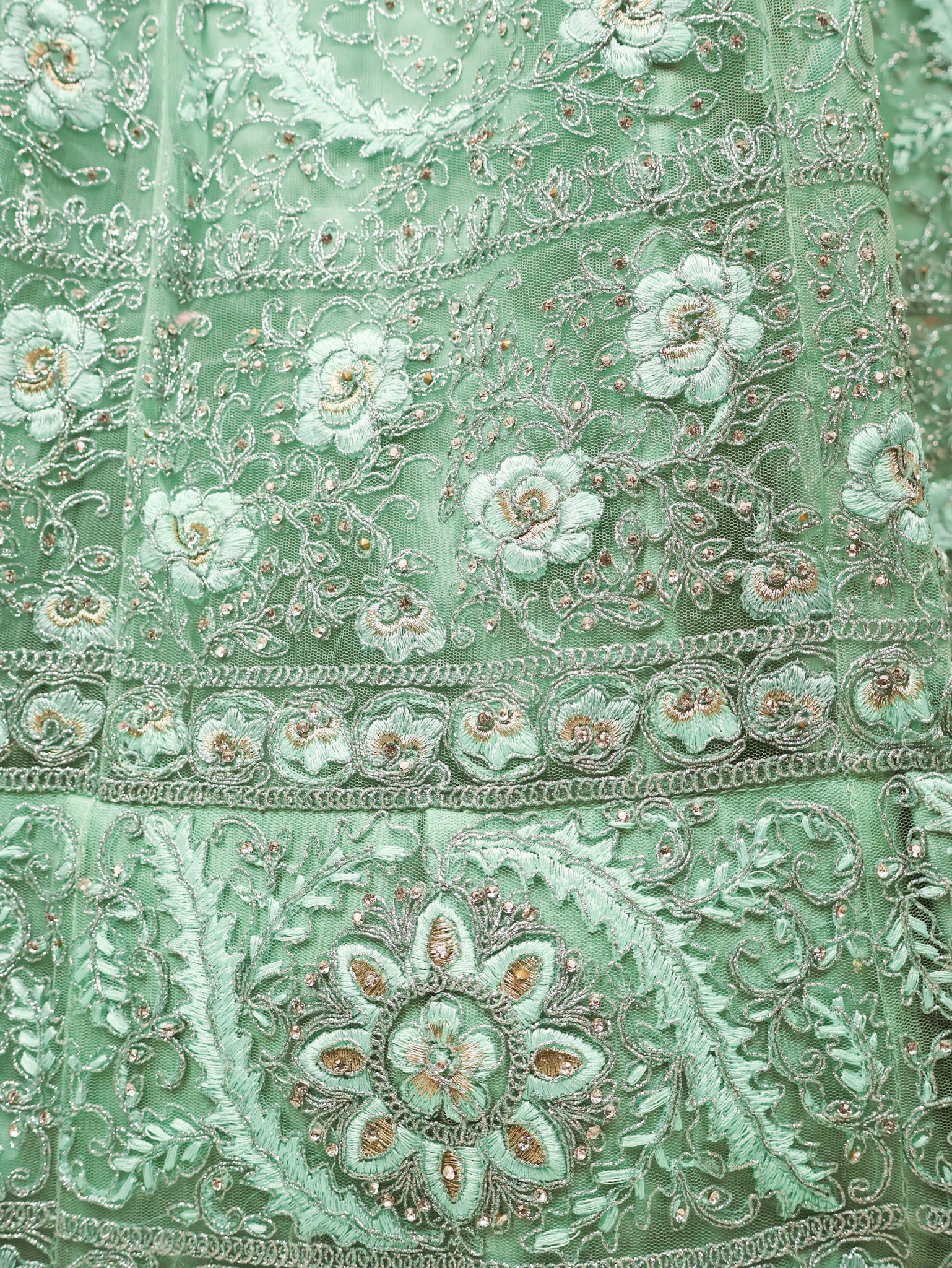 Semi-Stitched Lehenga with American Diamond & Zari Thread Work by Shreekama Pista Green Semi-Stitched Lehenga for Party Festival Wedding Occasion in Noida