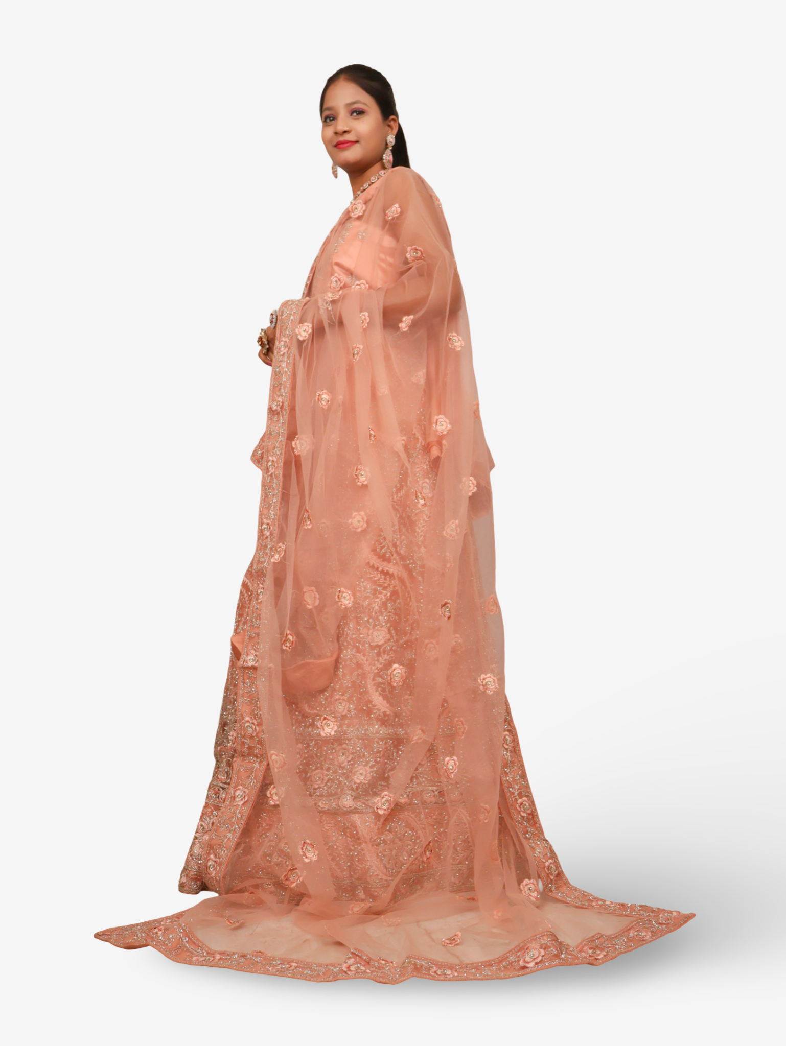 Semi-Stitched Lehenga with American Diamond & Zari Thread Work by Shreekama Peach Semi-Stitched Lehenga for Party Festival Wedding Occasion in Noida