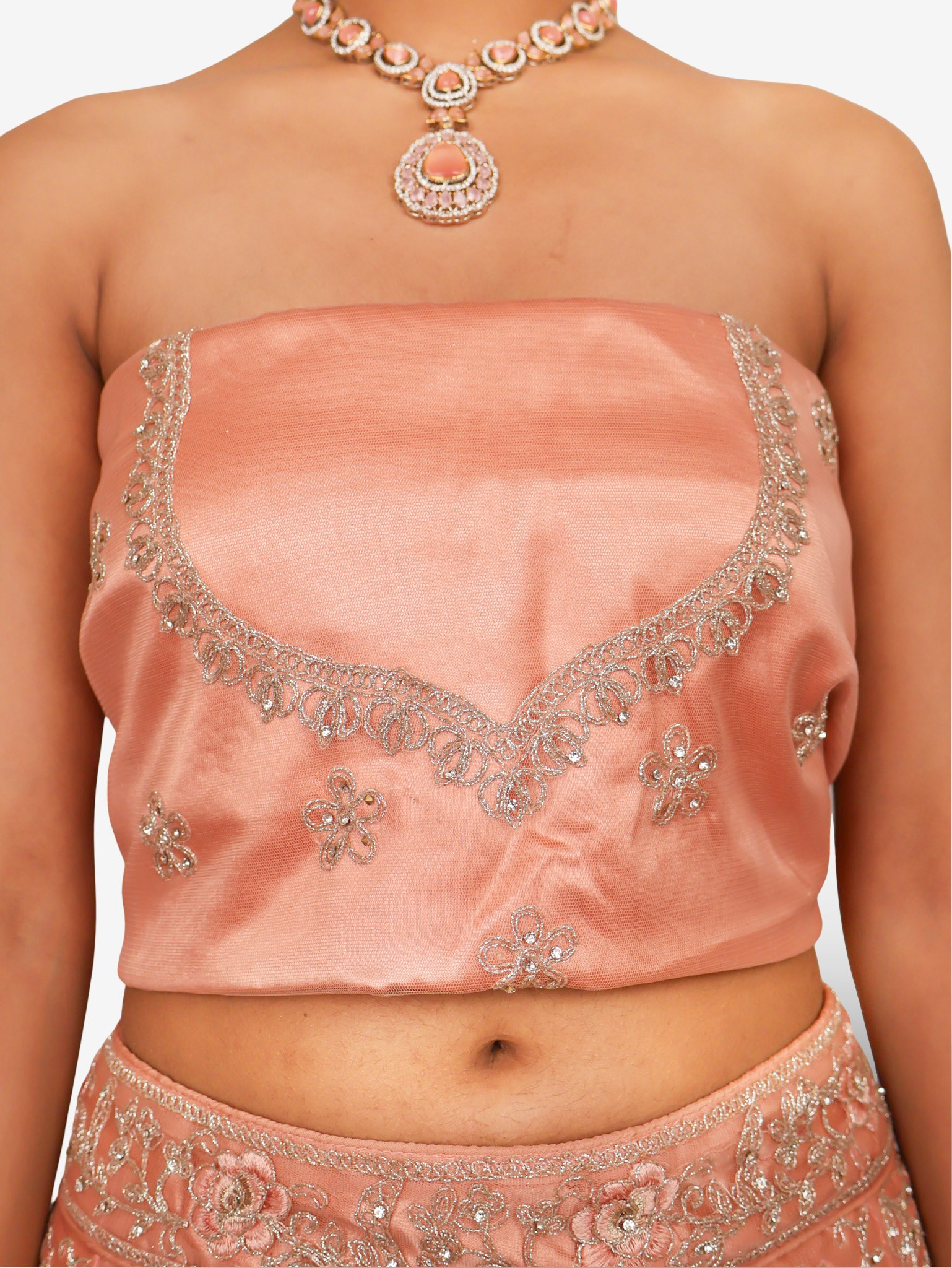 Semi-Stitched Lehenga with American Diamond & Zari Thread Work by Shreekama Peach Semi-Stitched Lehenga for Party Festival Wedding Occasion in Noida