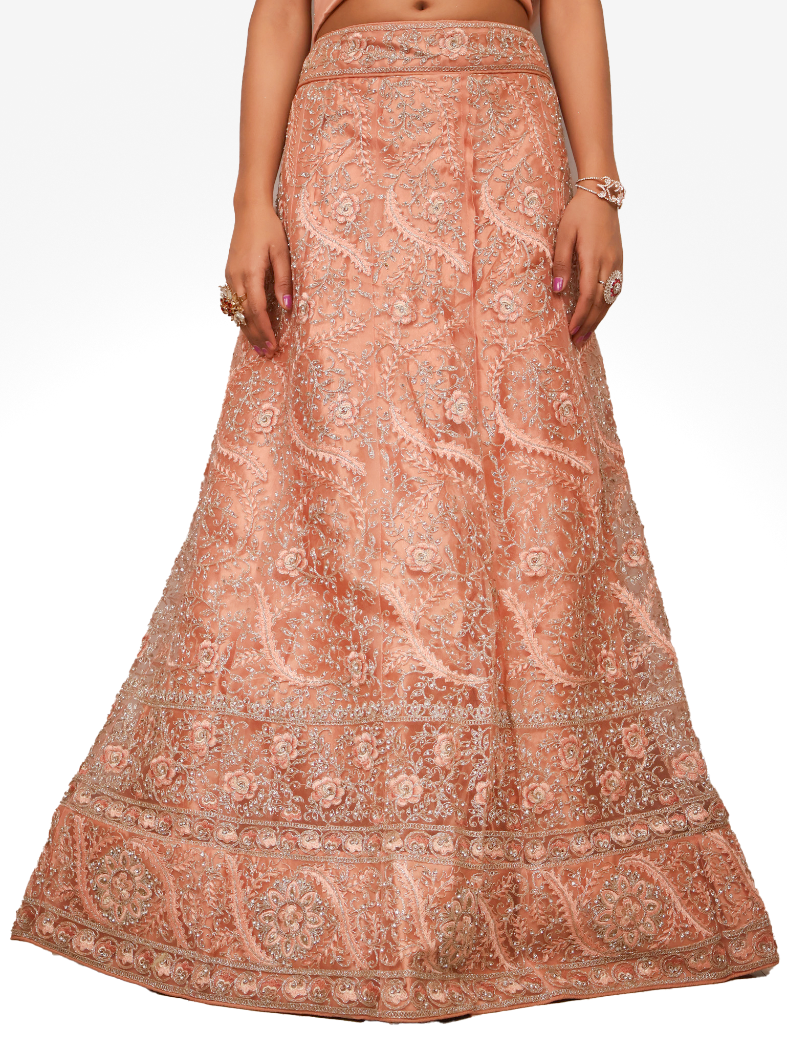 Semi-Stitched Lehenga with American Diamond & Zari Thread Work by Shreekama Peach Semi-Stitched Lehenga for Party Festival Wedding Occasion in Noida