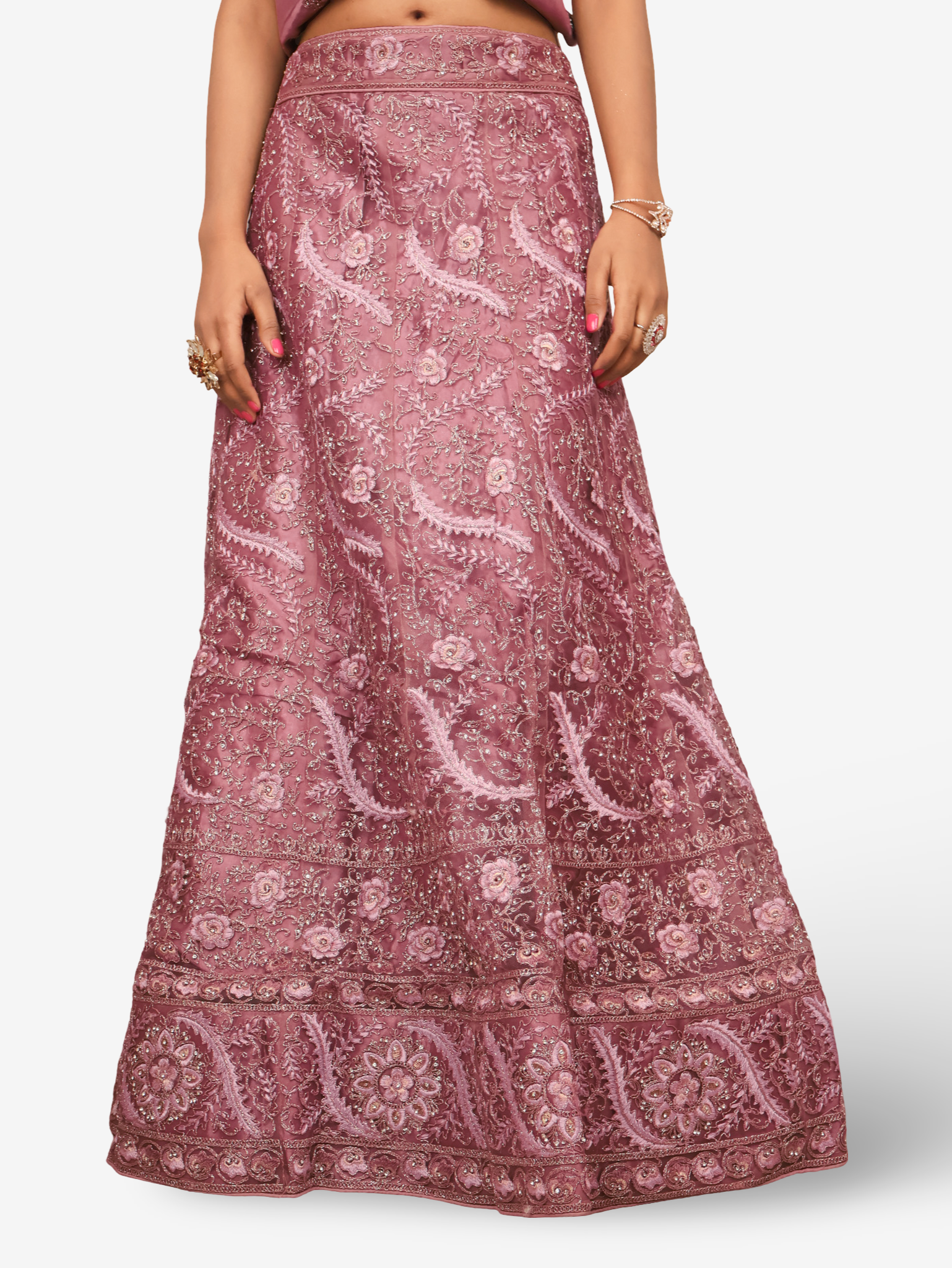 Semi-Stitched Lehenga with American Diamond & Zari Thread Work by Shreekama Onion Semi-Stitched Lehenga for Party Festival Wedding Occasion in Noida