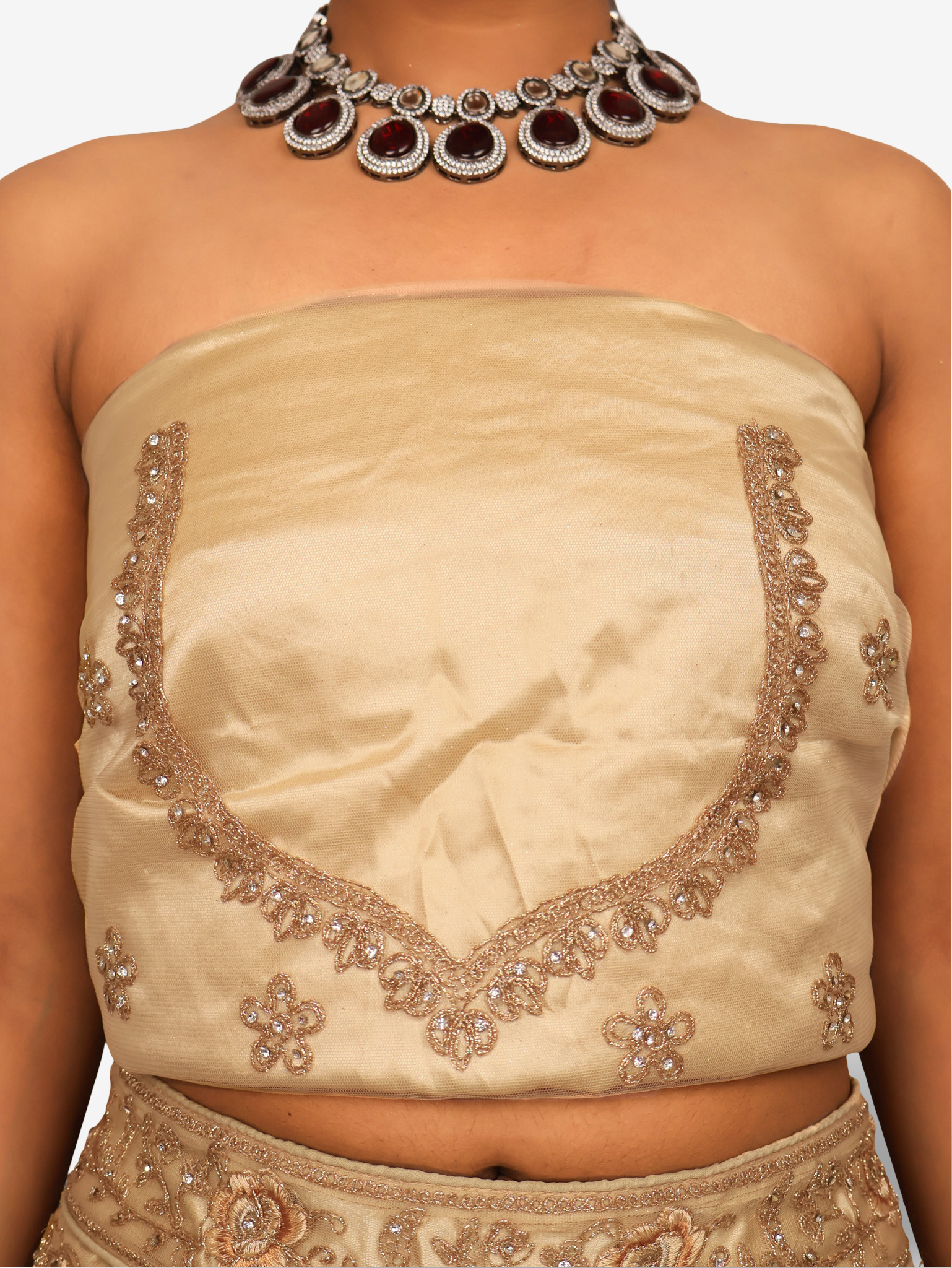 Semi-Stitched Lehenga with American Diamond & Zari Thread Work by Shreekama Gold Semi-Stitched Lehenga for Party Festival Wedding Occasion in Noida