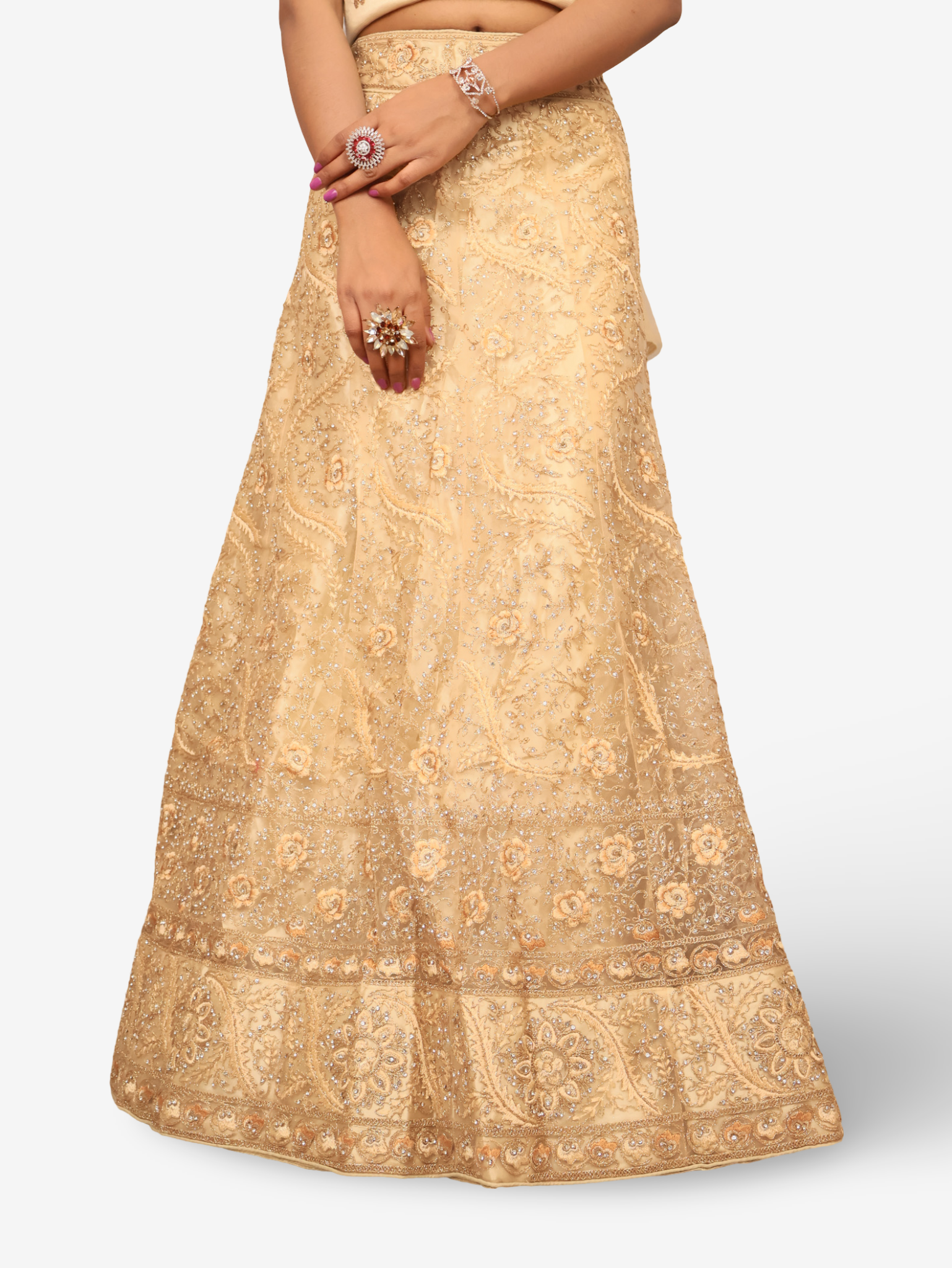 Semi-Stitched Lehenga with American Diamond & Zari Thread Work by Shreekama Gold Semi-Stitched Lehenga for Party Festival Wedding Occasion in Noida