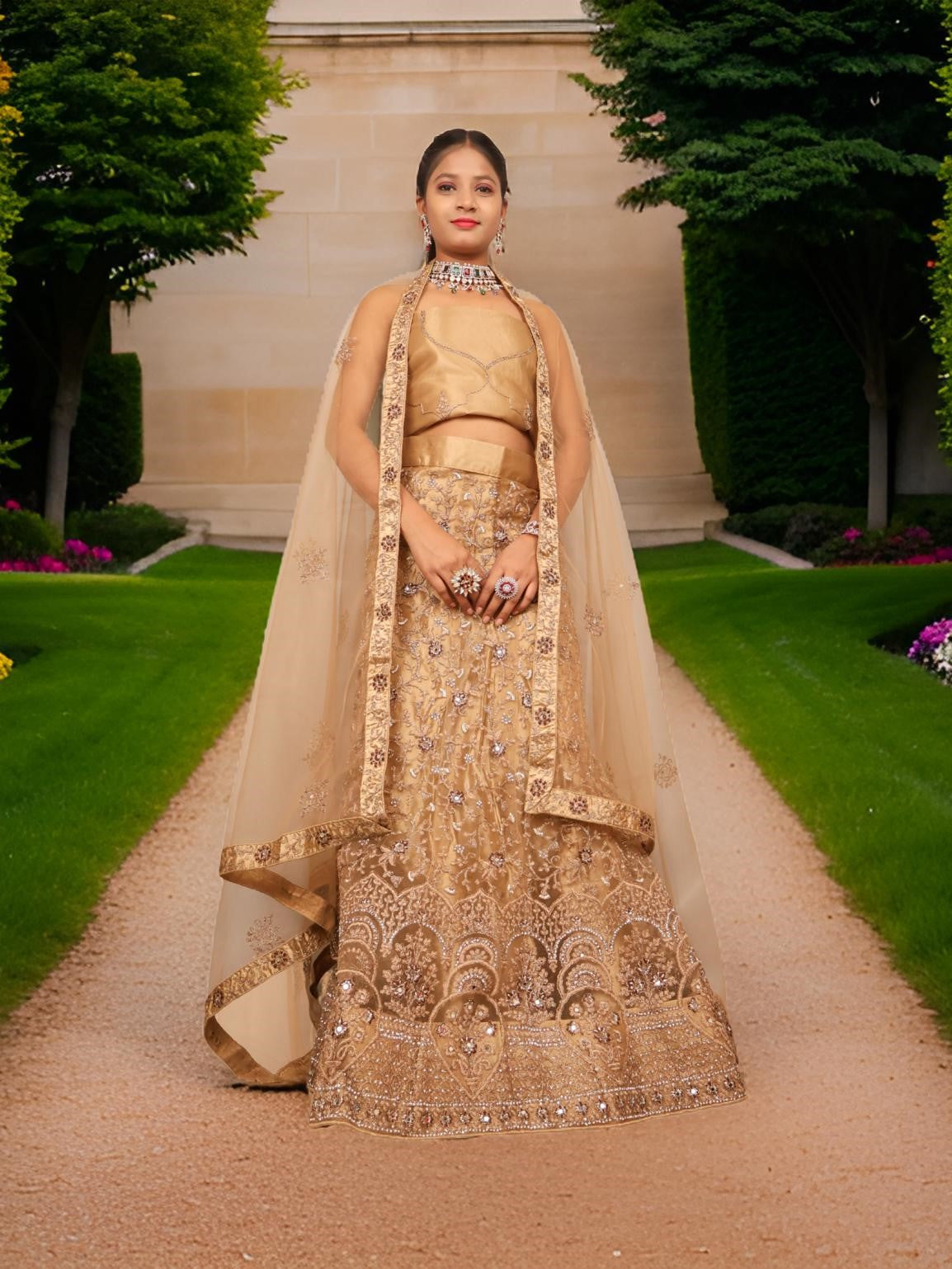 Semi-Stitched Lehenga with Embroidery & Zari Thread Work by Shreekama Gold Semi-Stitched Lehenga for Party Festival Wedding Occasion in Noida