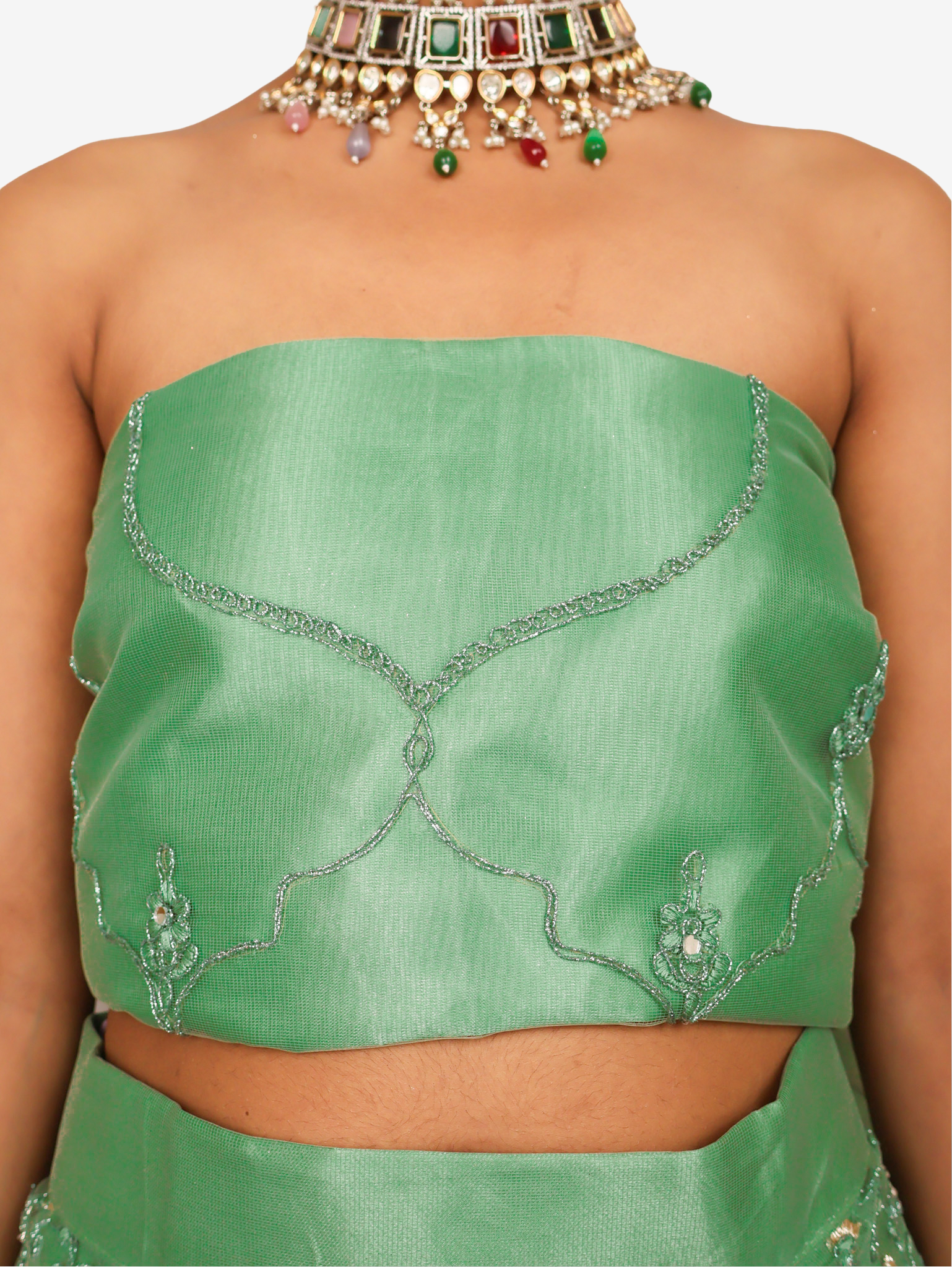 Semi-Stitched Lehenga with Embroidery & Zari Thread Work by Shreekama Pista Green Semi-Stitched Lehenga for Party Festival Wedding Occasion in Noida