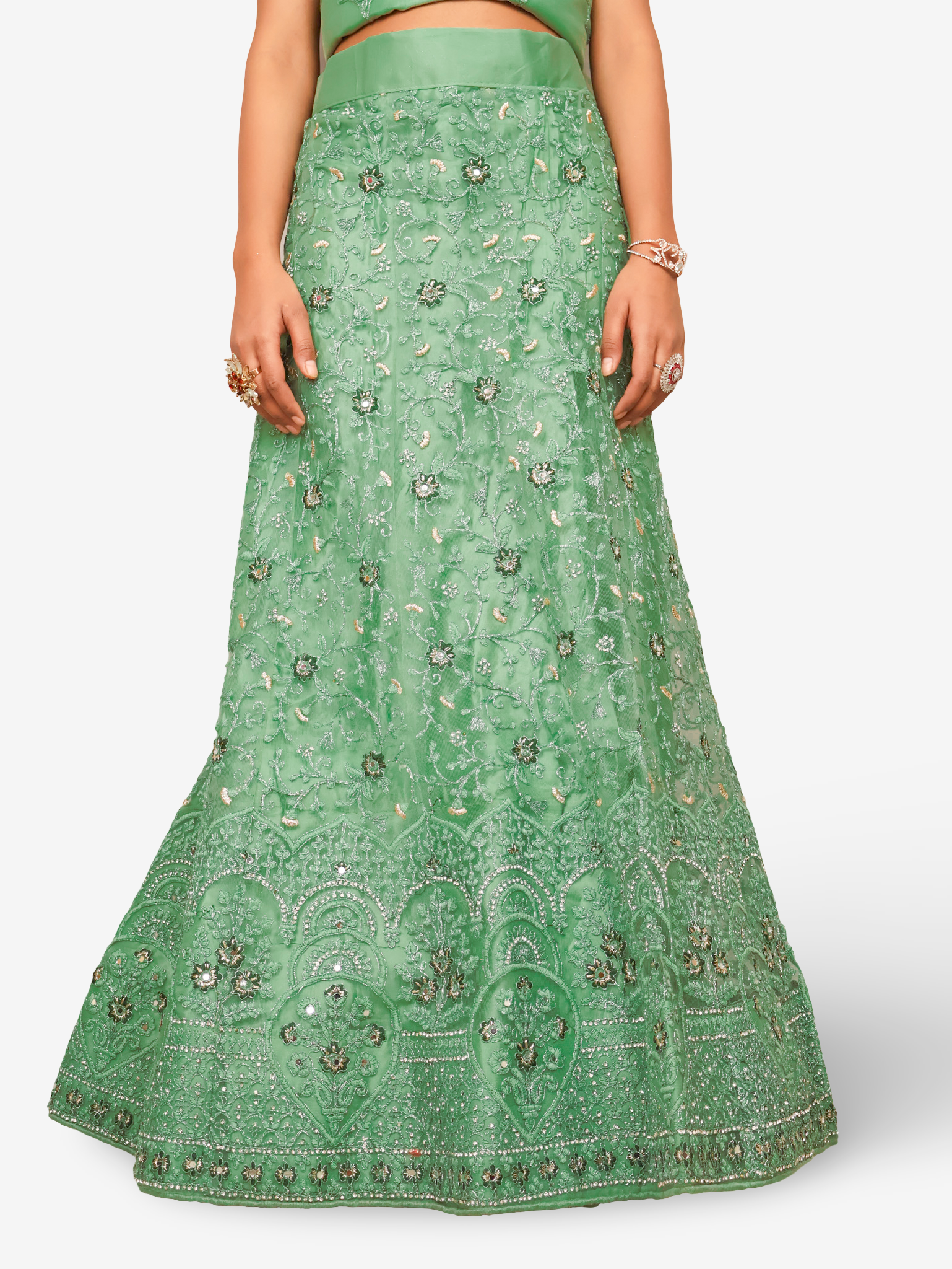 Semi-Stitched Lehenga with Embroidery & Zari Thread Work by Shreekama Pista Green Semi-Stitched Lehenga for Party Festival Wedding Occasion in Noida