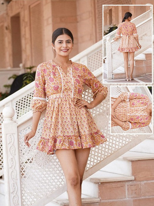 Short dress with printed cotton lace work - Main Image