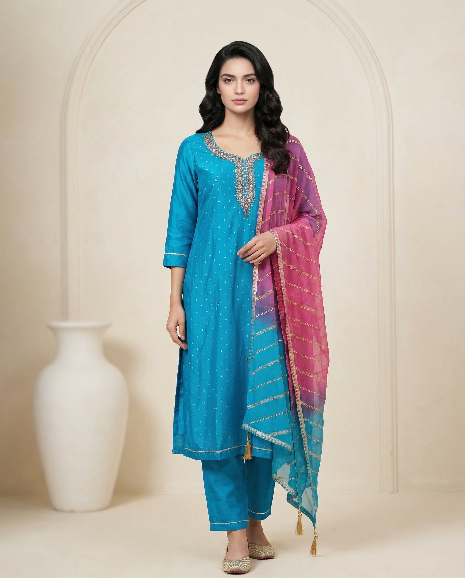 Teal Bandhani Dot Kurta Suit Set with Pearl Zardozi Neck & Ombre Leheriya Dupatta