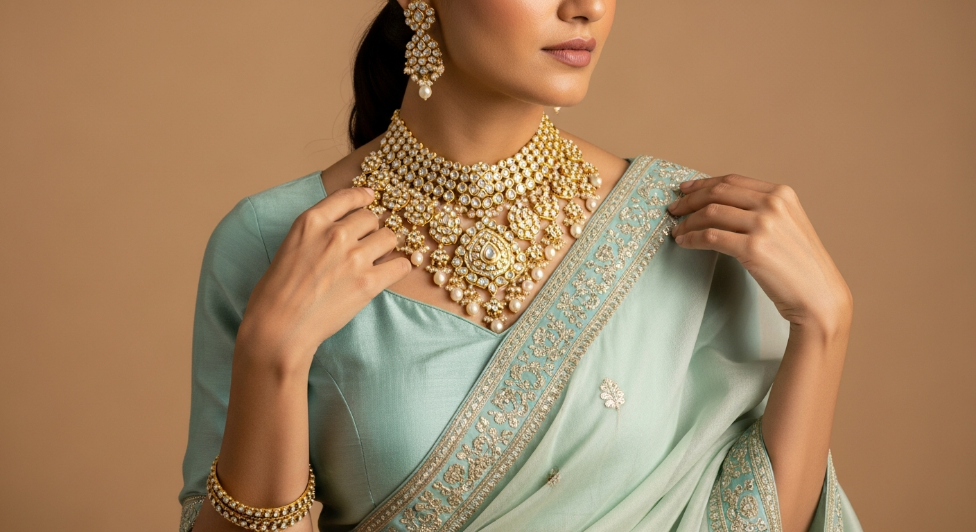 How-to-Wear-a-Heavy-Necklace-with-a-Light-Saree