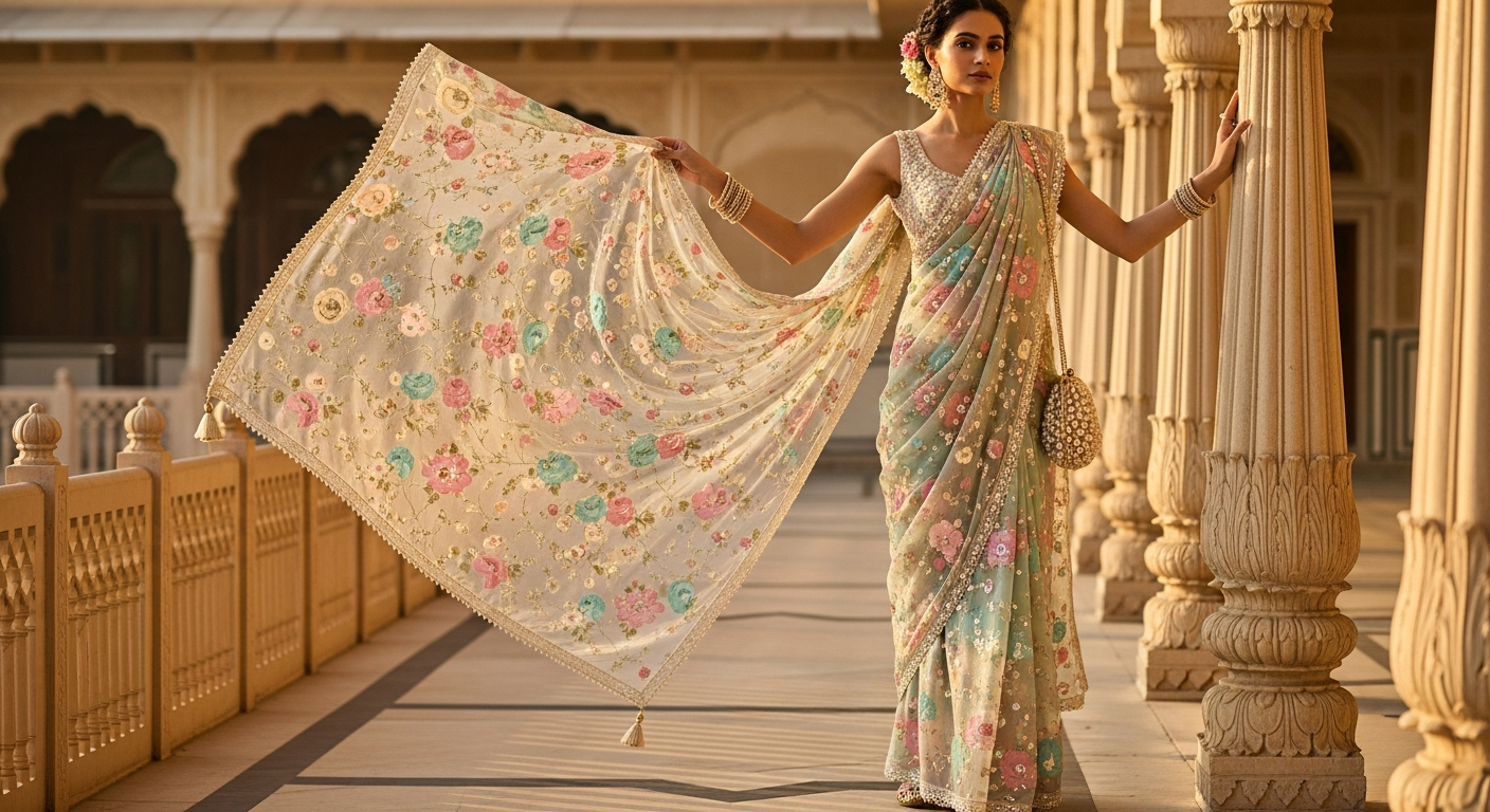Floral-Print-Organza-Sareesnull-Fresh-Looks-for-Day-Weddings