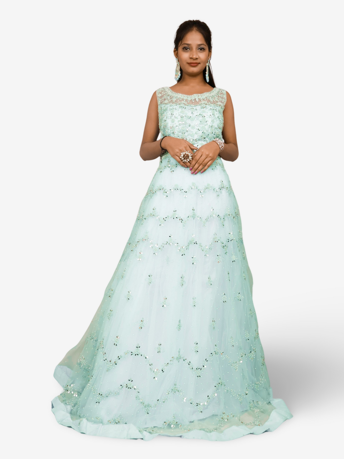 Gown with Pearls & Sequin by Shreekama Sky Blue Designer Gowns for Party Festival Wedding Occasion in Noida