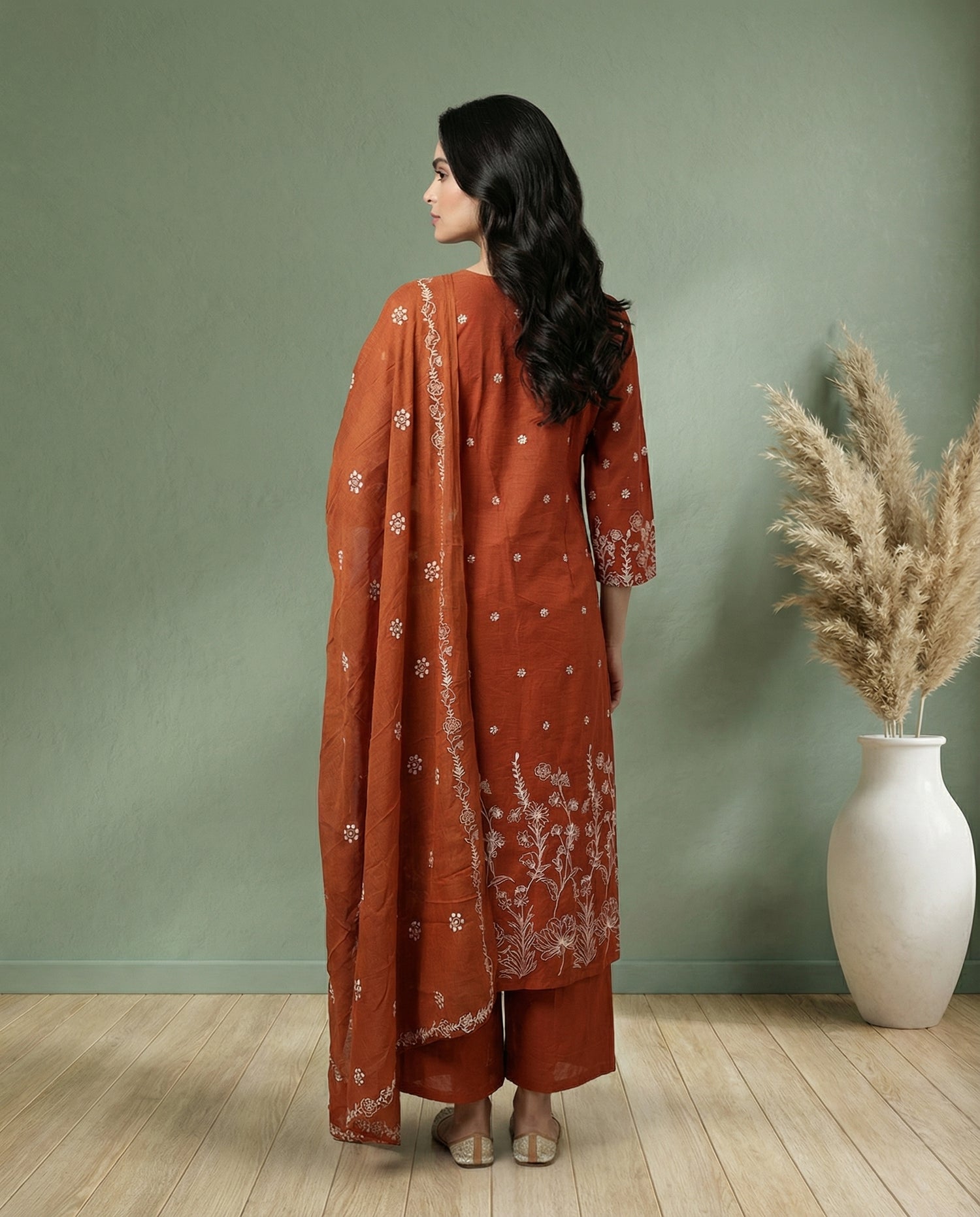 Rust Orange Floral Embroidered A-Line Kurta with Palazzo &amp; Dupatta Set