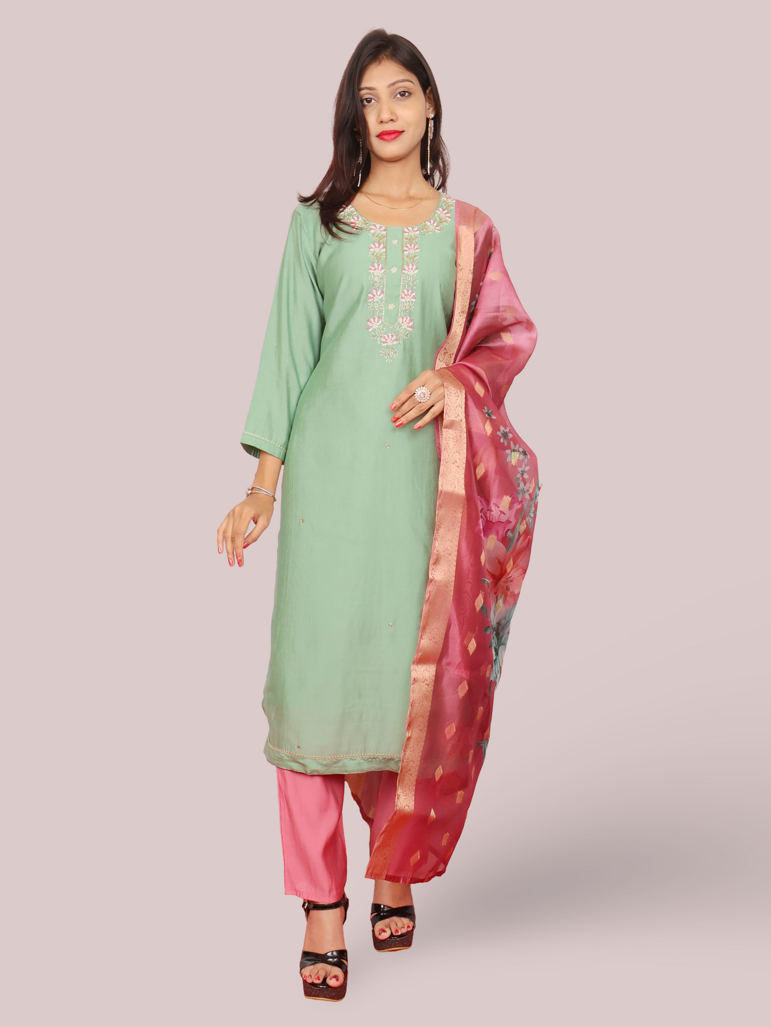 Woman Straight Suit Set with Pant &amp; Dupatta