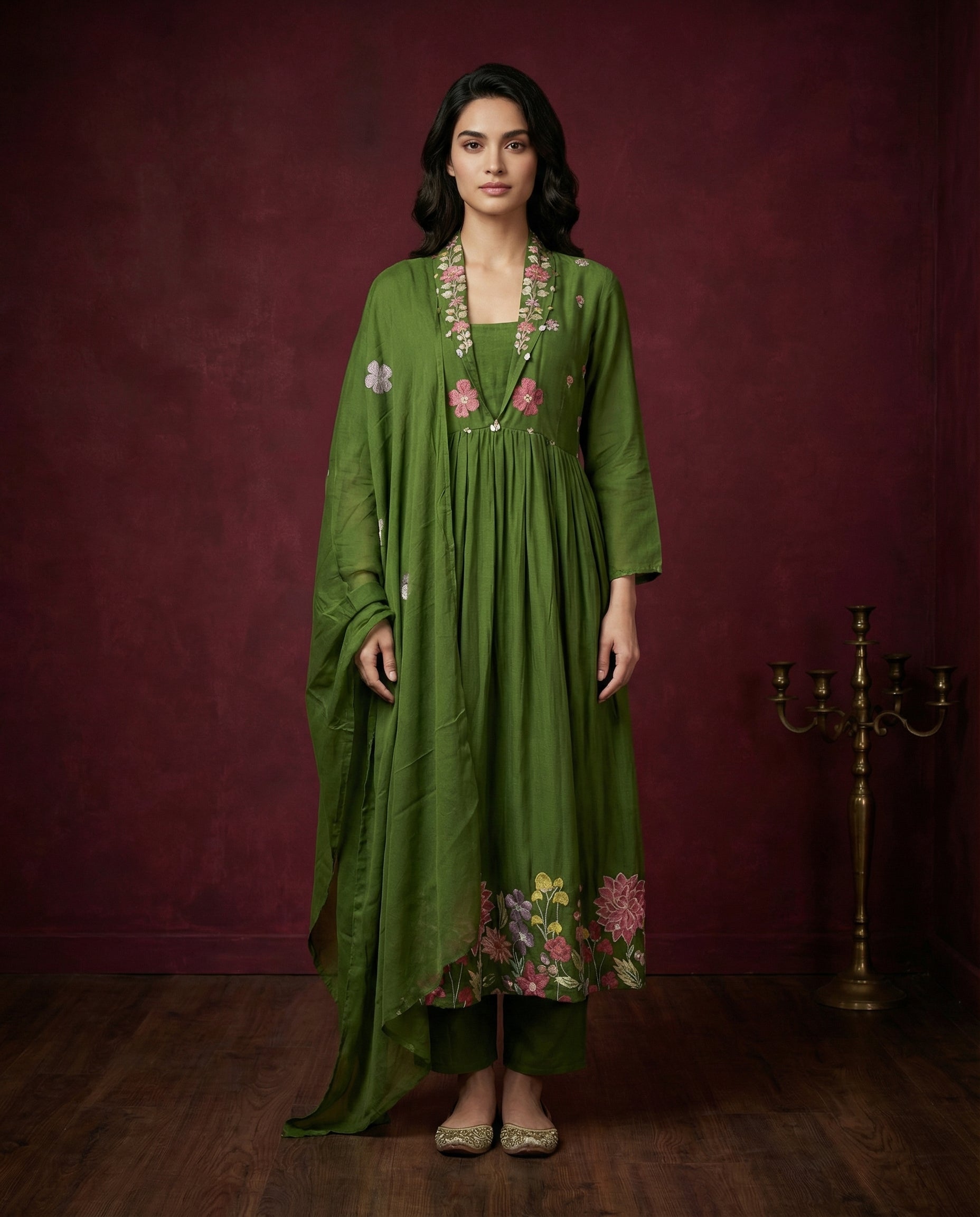 Olive Green Floral Embroidered Anarkali Kurta with Pants Set | Sequin &amp; Embroidery Work