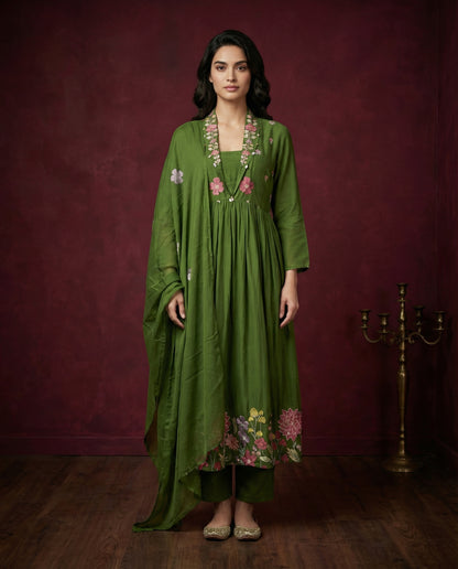 Olive Green Floral Embroidered Anarkali Kurta with Pants Set | Sequin &amp; Embroidery Work