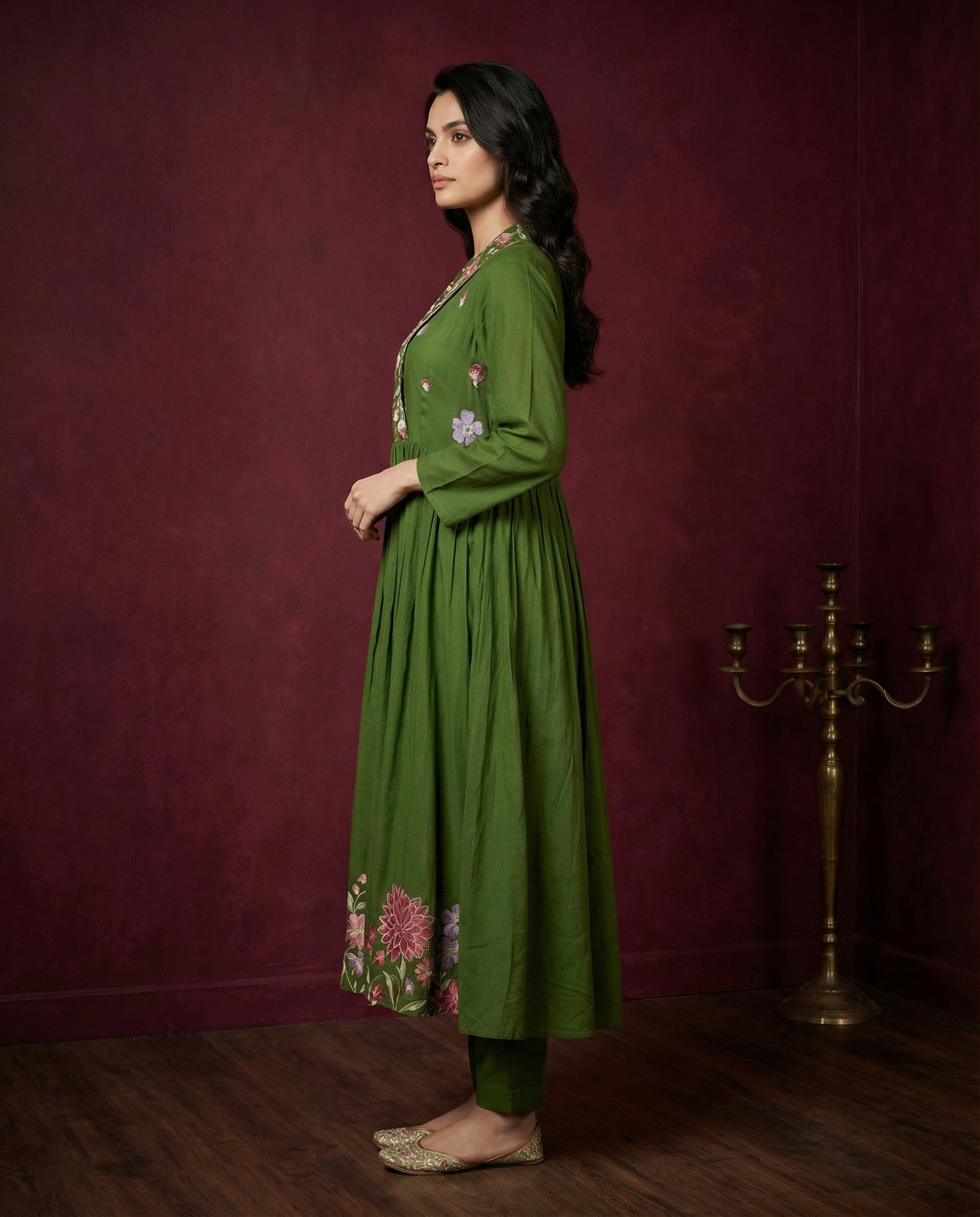 Olive Green Floral Embroidered Anarkali Kurta with Pants Set | Sequin &amp; Embroidery Work