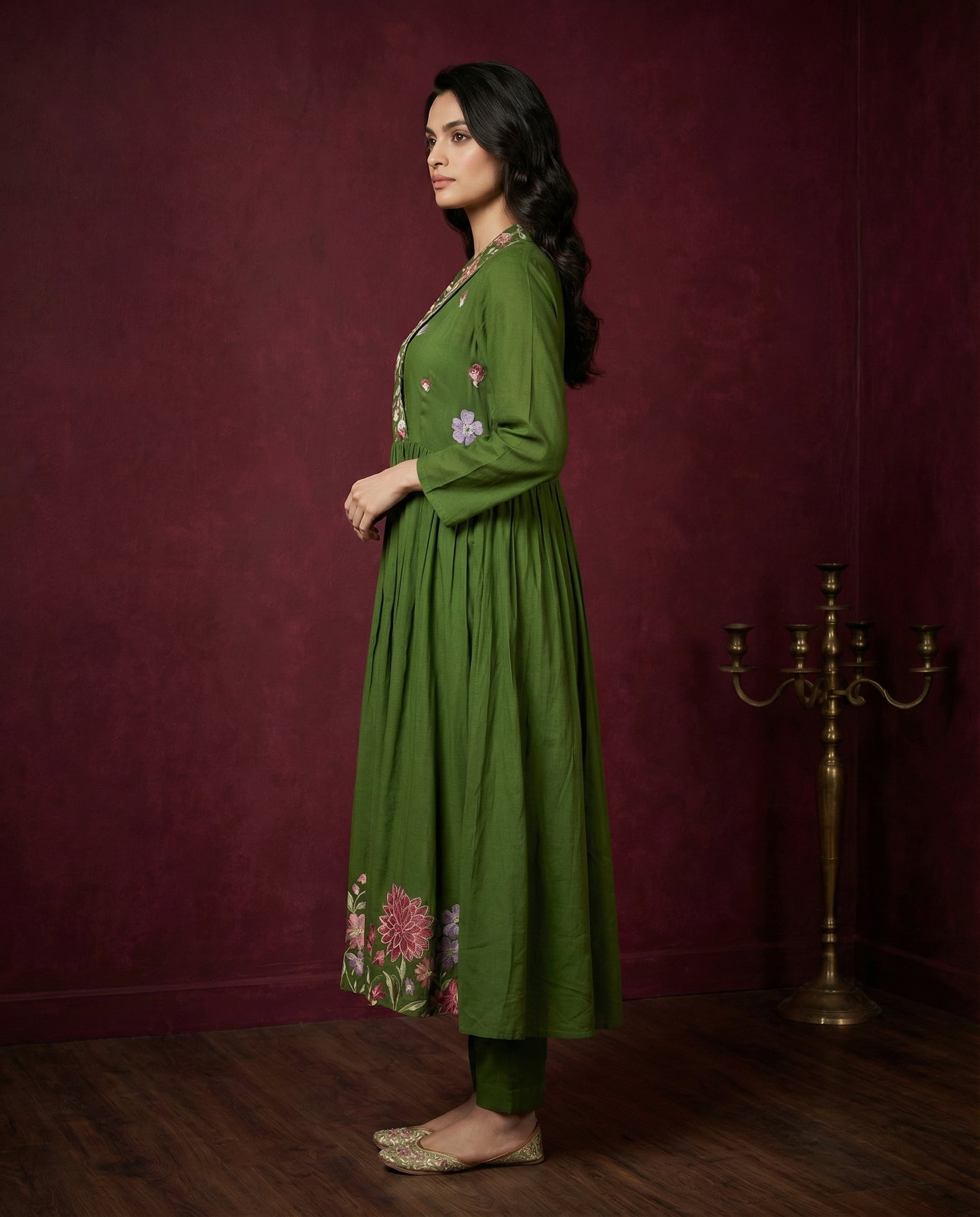 Olive Green Floral Embroidered Anarkali Kurta with Pants Set | Sequin &amp; Embroidery Work