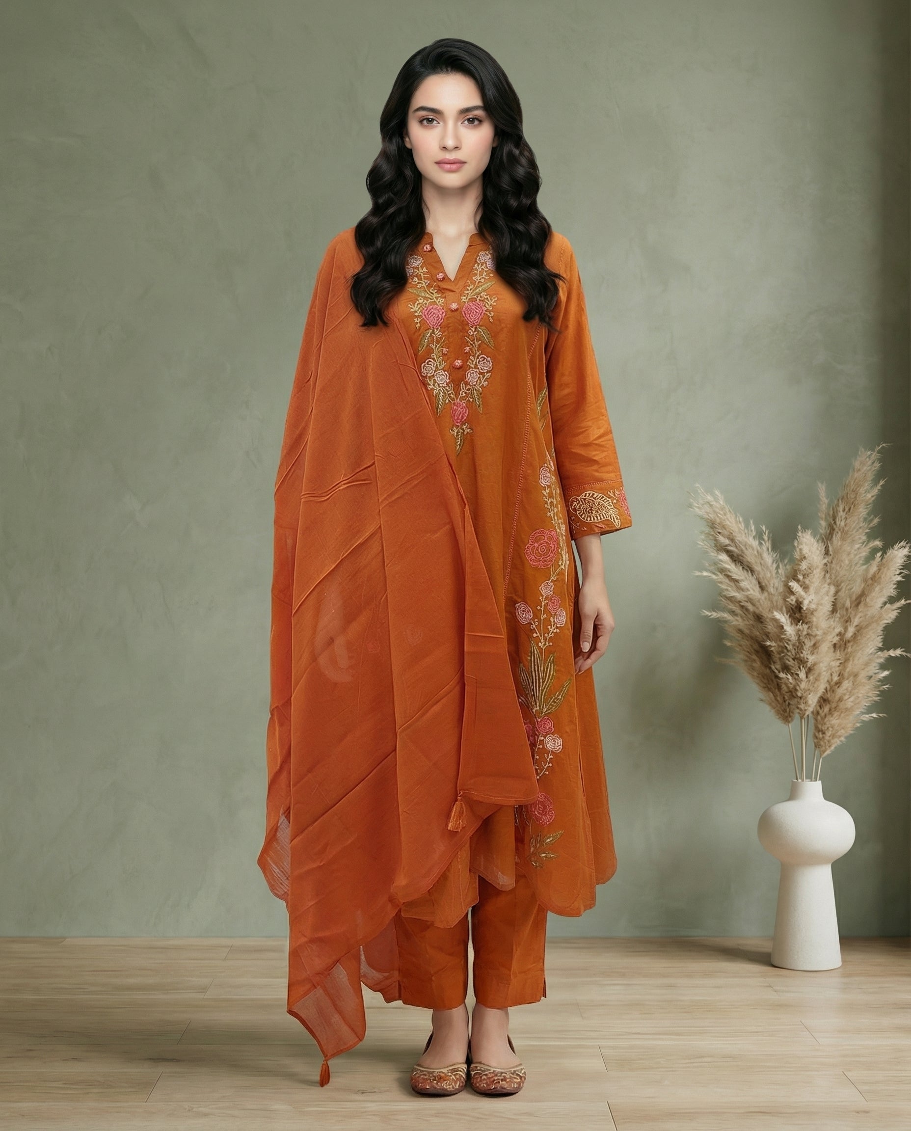 Orange Floral Embroidered Kurta Set with Straight Pants &amp; Dupatta | 3-Piece Ethnic Suit