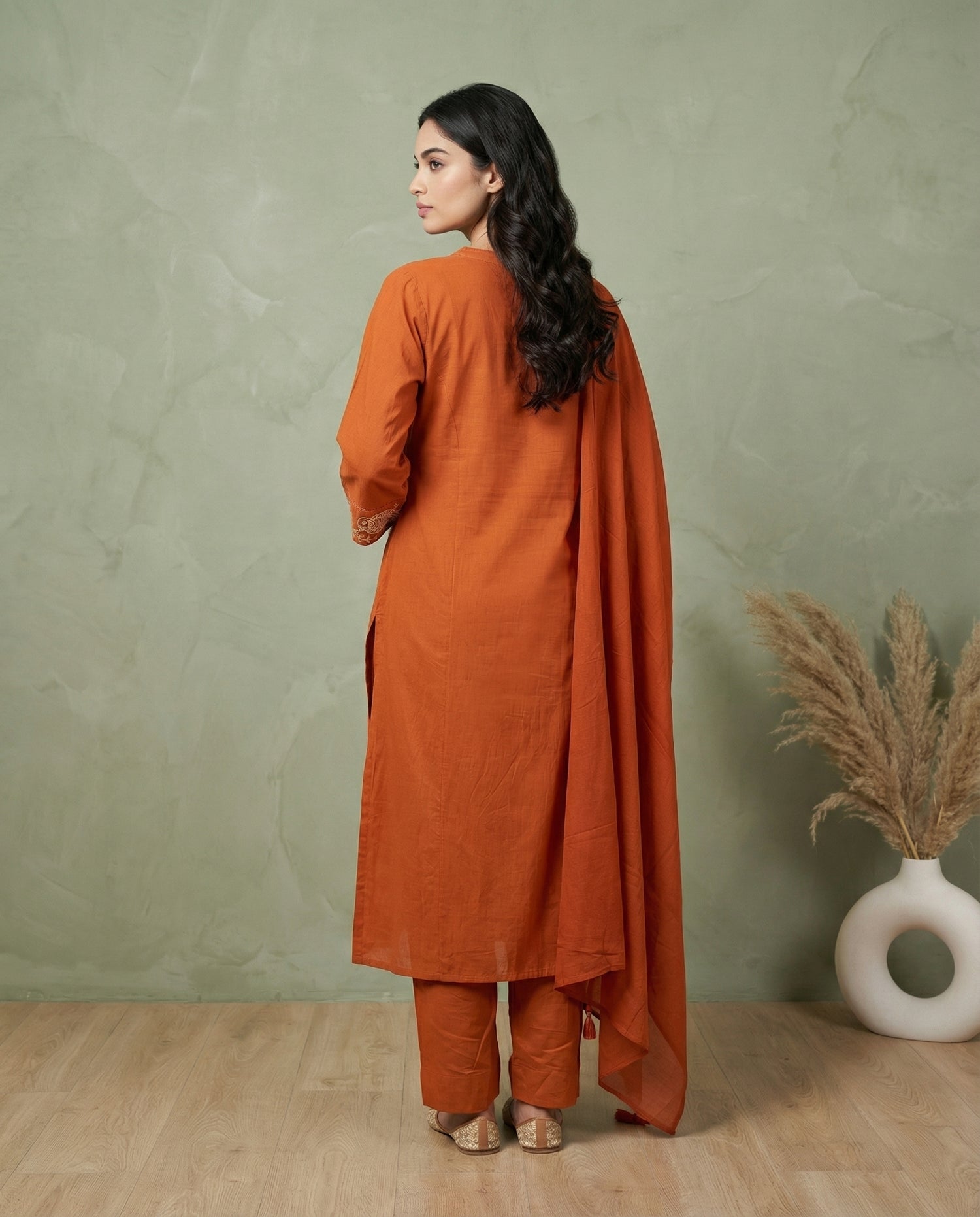 Orange Floral Embroidered Kurta Set with Straight Pants &amp; Dupatta | 3-Piece Ethnic Suit