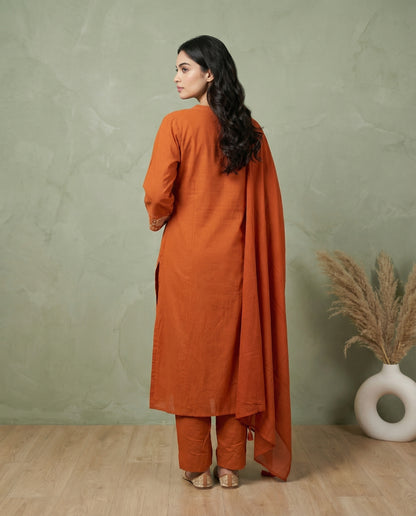 Orange Floral Embroidered Kurta Set with Straight Pants &amp; Dupatta | 3-Piece Ethnic Suit