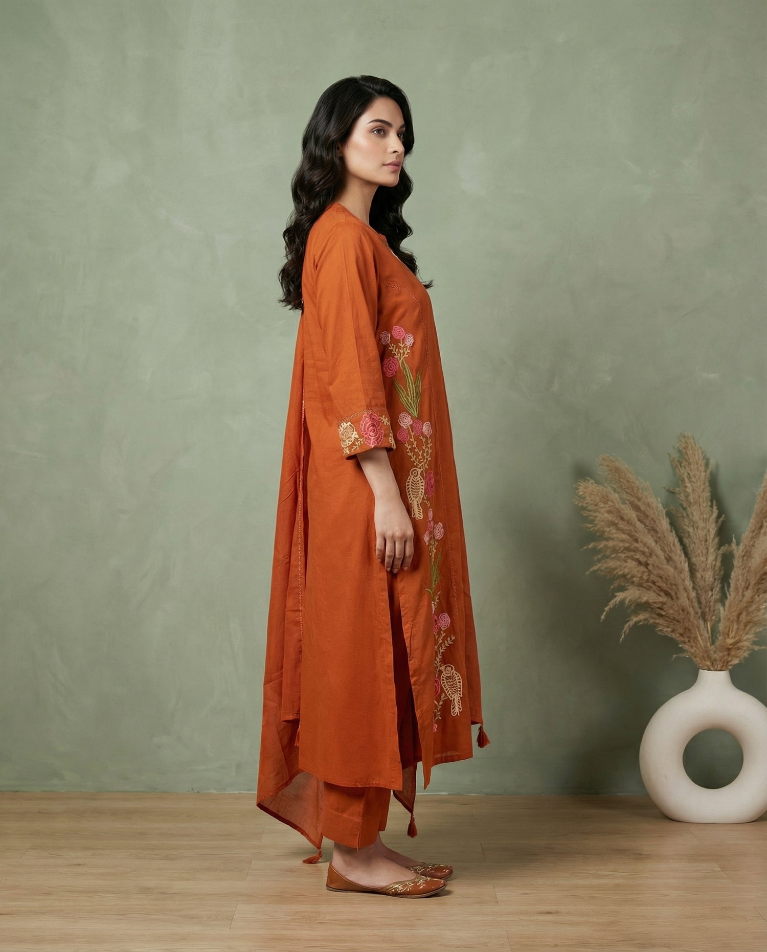 Orange Floral Embroidered Kurta Set with Straight Pants &amp; Dupatta | 3-Piece Ethnic Suit