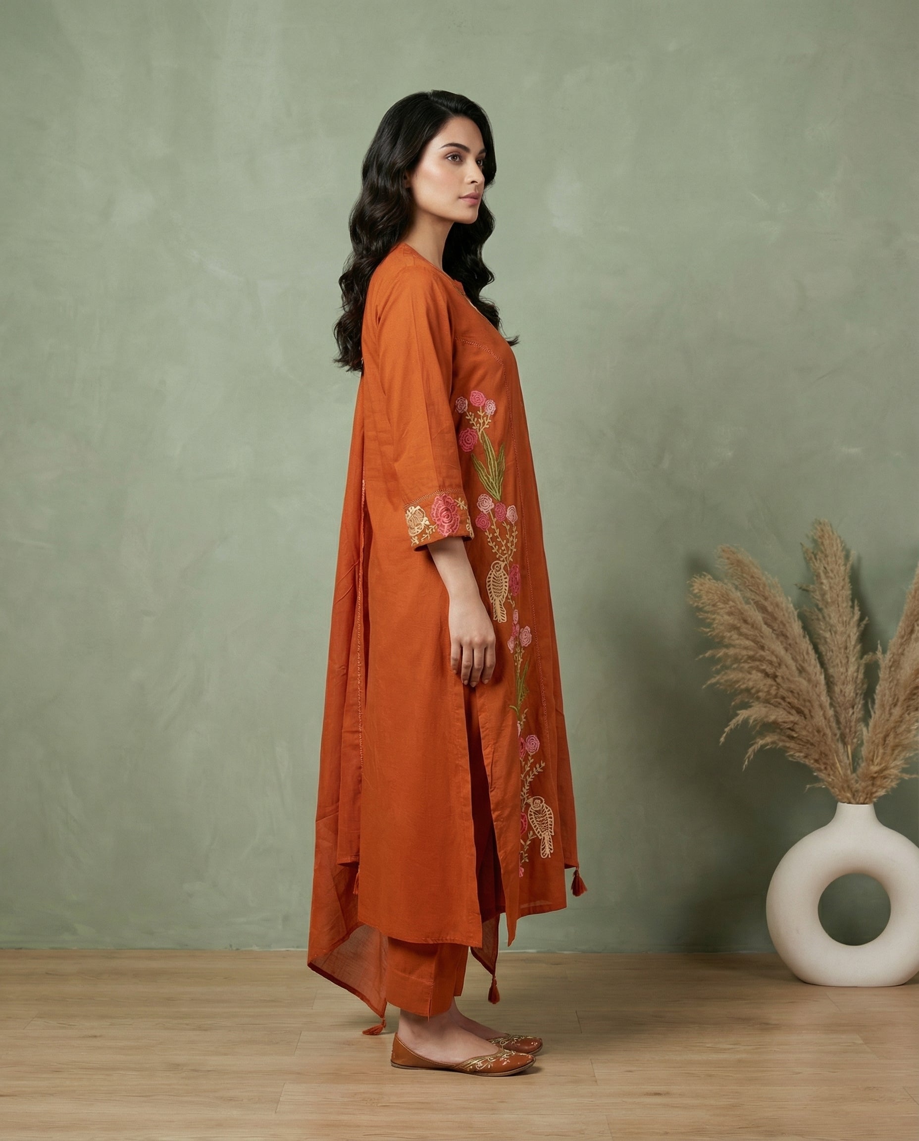 Orange Floral Embroidered Kurta Set with Straight Pants &amp; Dupatta | 3-Piece Ethnic Suit