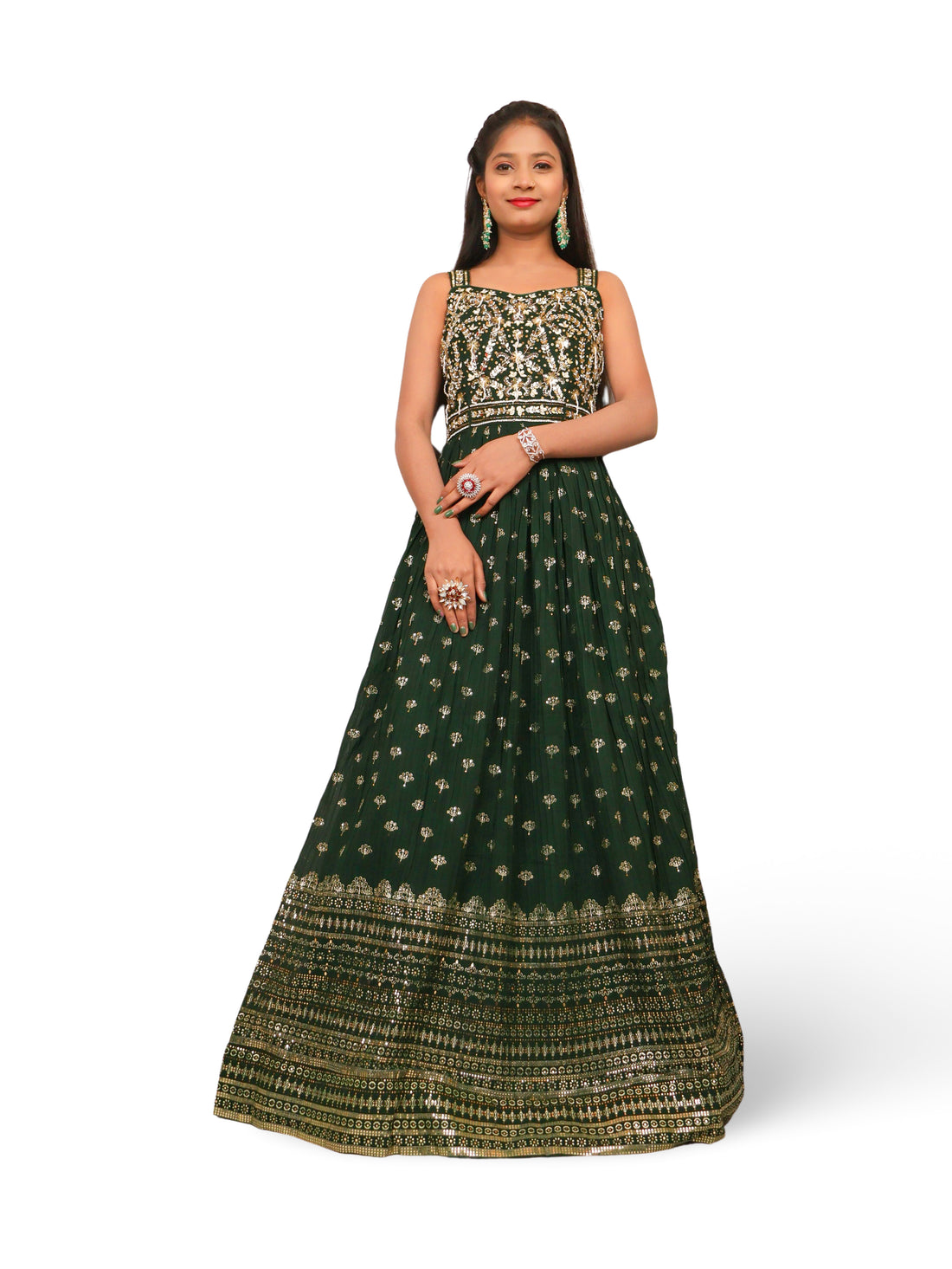 Dark Green Gown with Sequin & Cut Dana Work by Shreekama Dark Green Designer Gowns for Party Festival Wedding Occasion in Noida