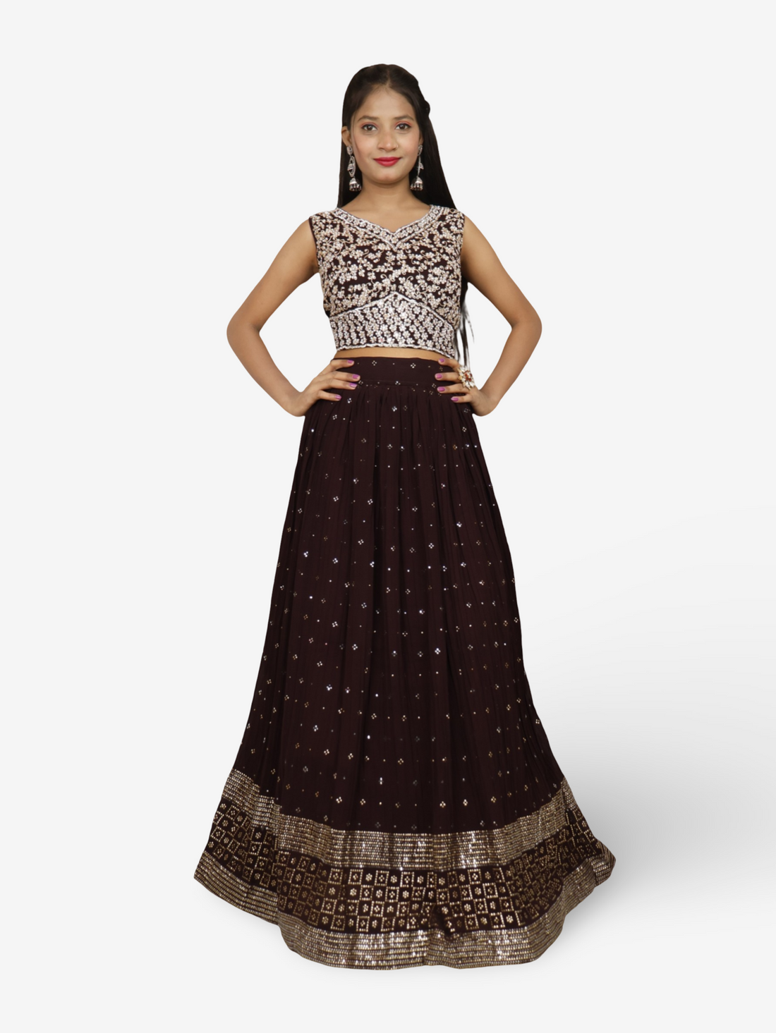 Designer Lehenga & choli with dupatta for Women by Shreekama Dark Brown Designer Lehenga for Party Festival Wedding Occasion in Noida