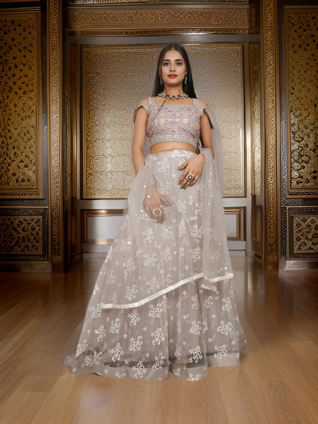 Cold Shoulder Lehenga Choli Set with Stone &amp; Embroidery by Shreekama Beige Designer Lehenga for Party Festival Wedding Occasion in Noida