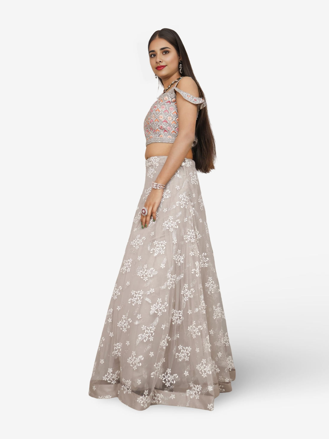 Cold Shoulder Lehenga Choli Set with Stone &amp; Embroidery by Shreekama Beige Designer Lehenga for Party Festival Wedding Occasion in Noida