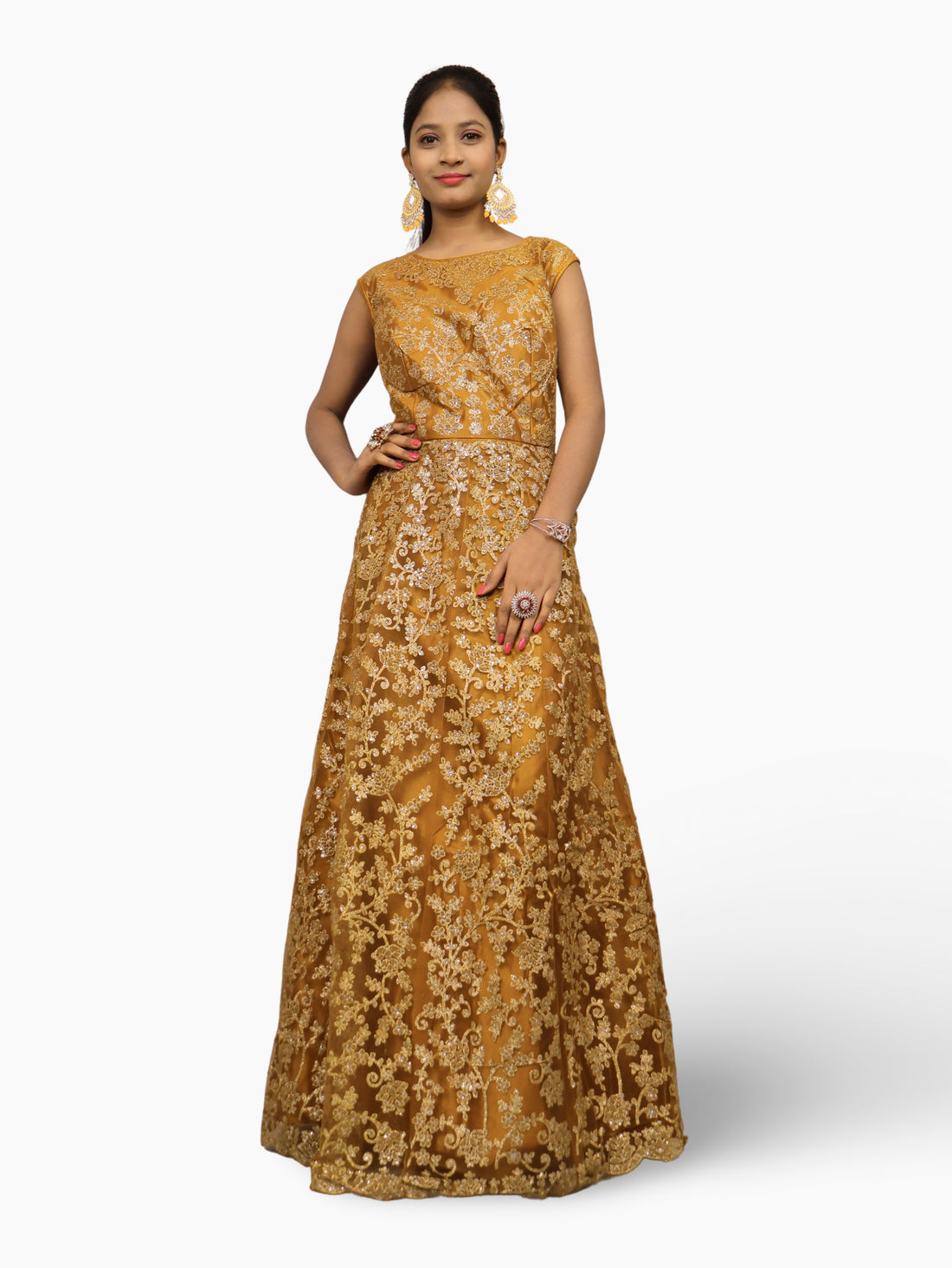 Gown with Shimmery Rubber & Beads Work by Shreekama Mustard Yellow Designer Gowns for Party Festival Wedding Occasion in Noida