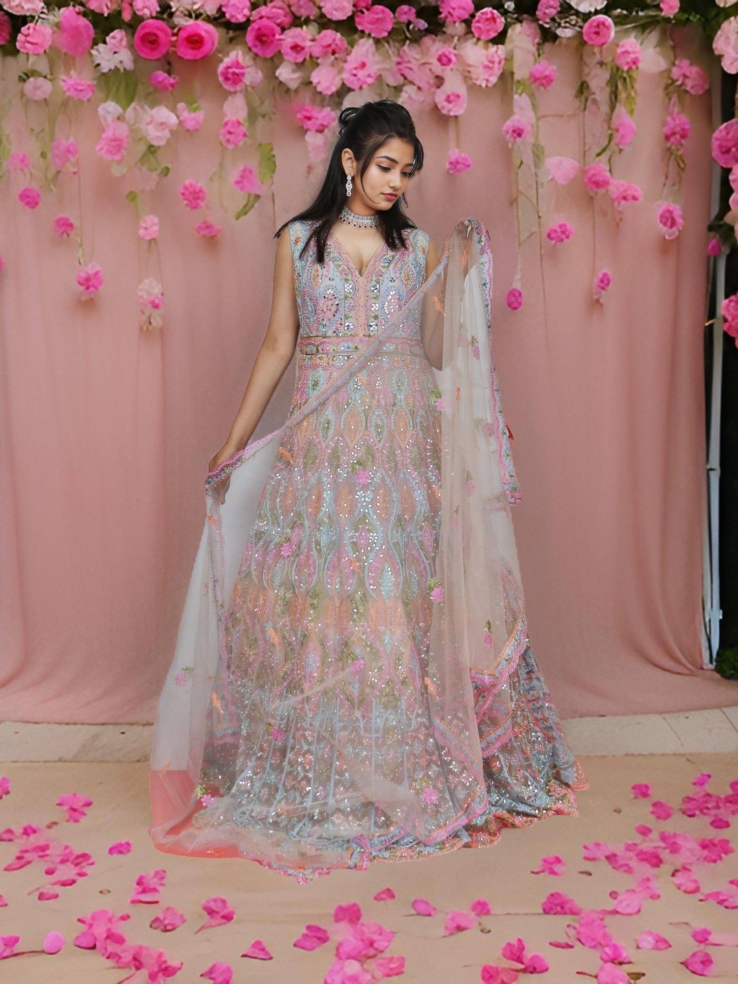 Multi Color Net Fabric Gown with Mirror Work & Embroidery by Shreekama Multi Color Net Fabric Gown with Mirror Work & Embroidery by Shreekama