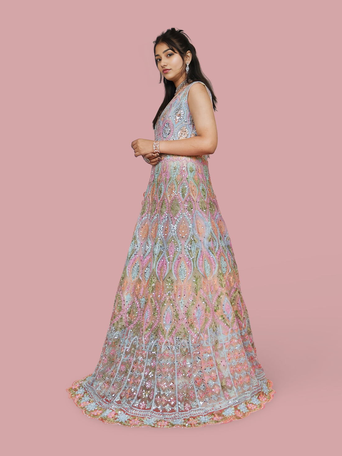 Multi Color Net Fabric Gown with Mirror Work & Embroidery by Shreekama Multi Color Designer Gowns for Party Festival Wedding Occasion in Noida
