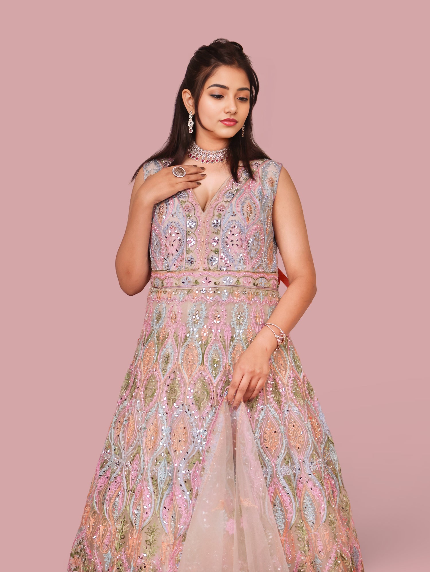 net party wear dresses Cbazaar Women's Fit And Flare Dress | Peach Embroidered Net Dress | Peach | Chic Style | Trendy Neck Style | Full Sleeve
