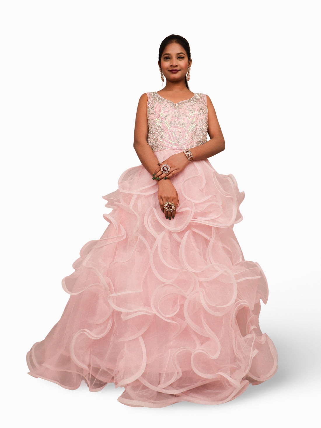 Net Fabric Gown with Stone & Sequin by Shreekama Pink Designer Gowns for Party Festival Wedding Occasion in Noida