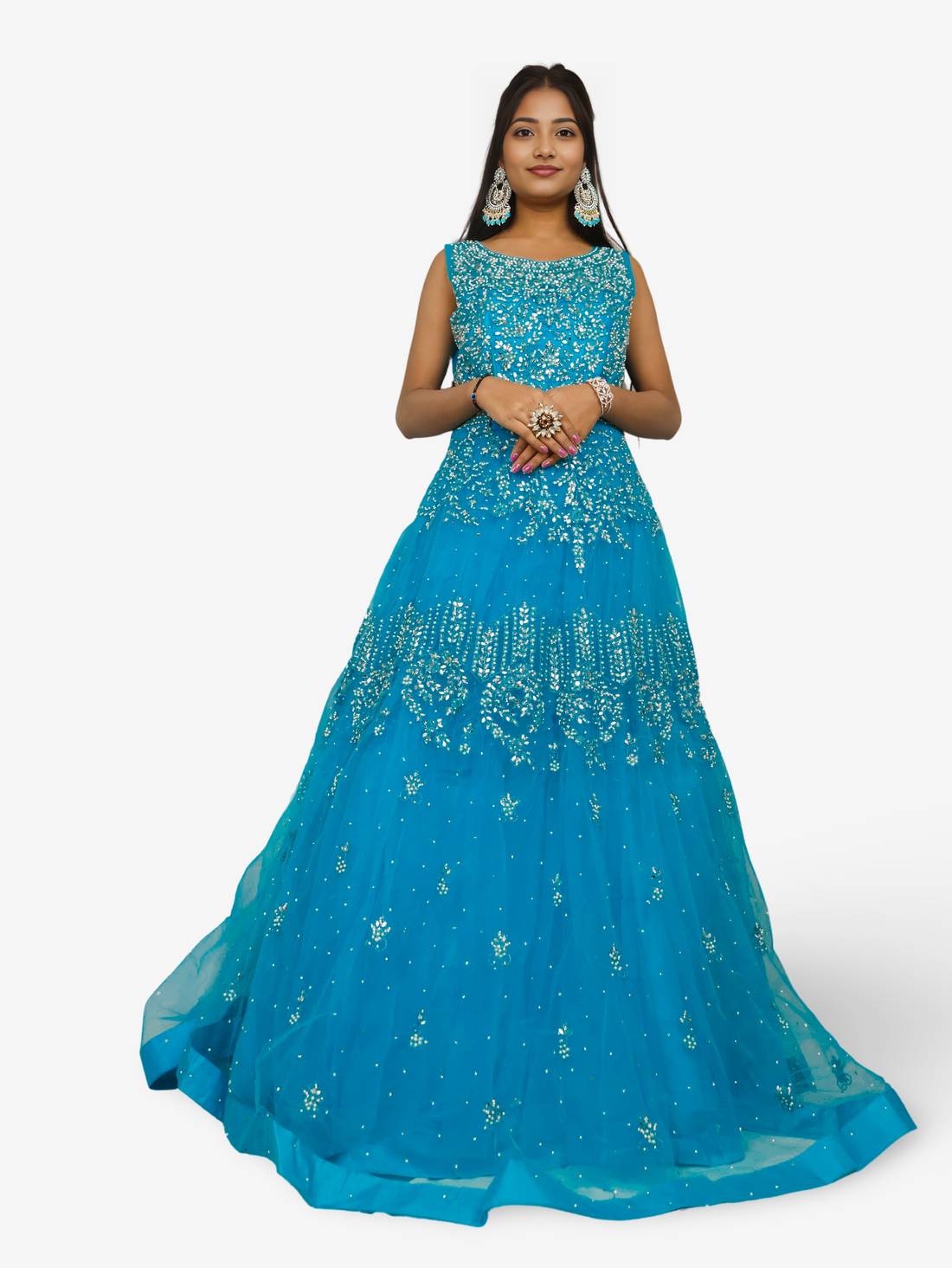 Net Fabric Gown with Mirror & Pearls by Shreekama Blue Designer Gowns for Party Festival Wedding Occasion in Noida