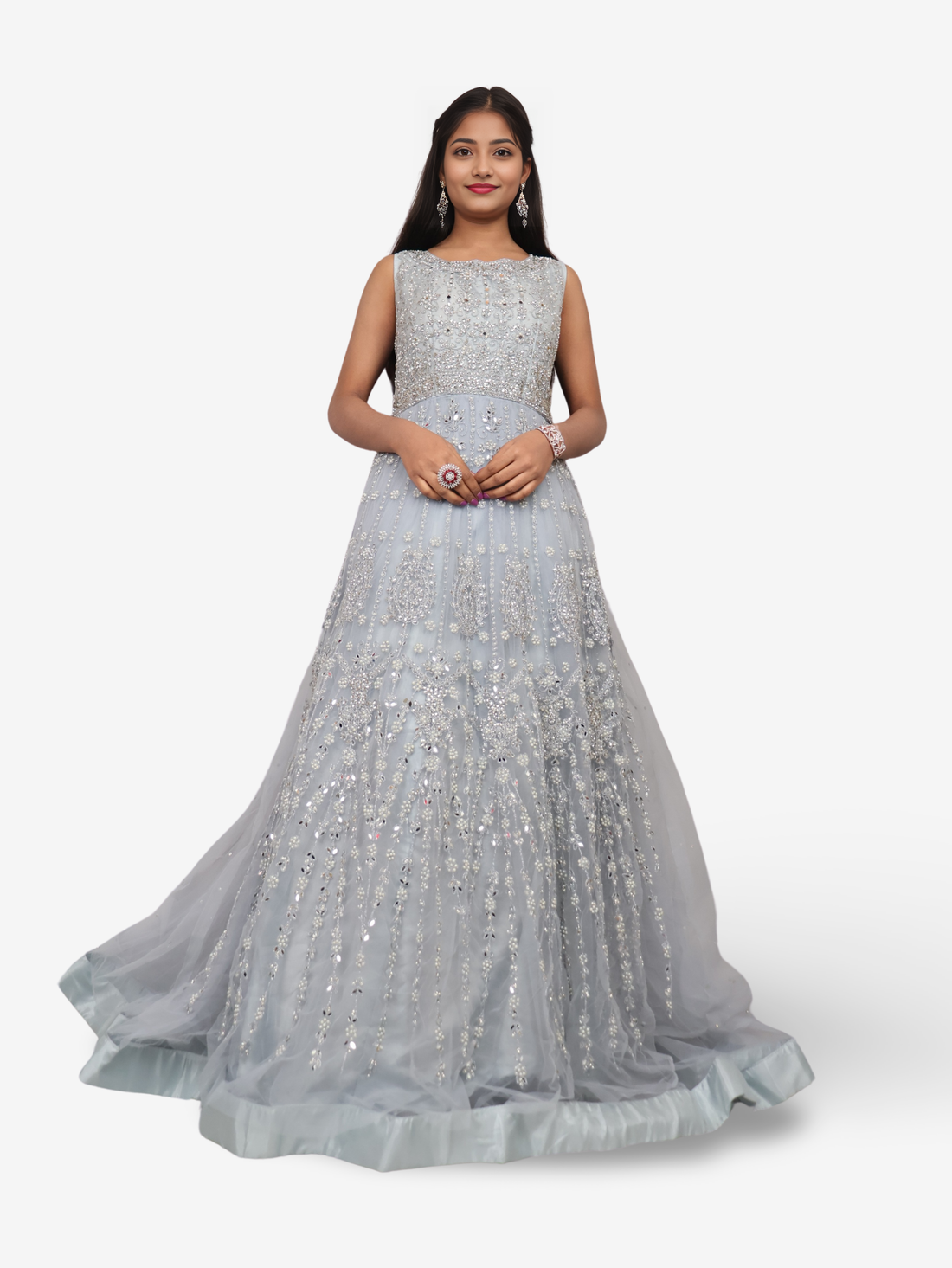 Net Fabric Gown with Pearl & Embroidery by Shreekama Grey Designer Gowns for Party Festival Wedding Occasion in Noida