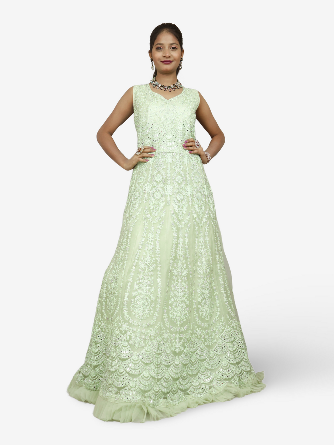 Gown with Thread Work & Stones by Shreekama Pista Green Designer Gowns for Party Festival Wedding Occasion in Noida