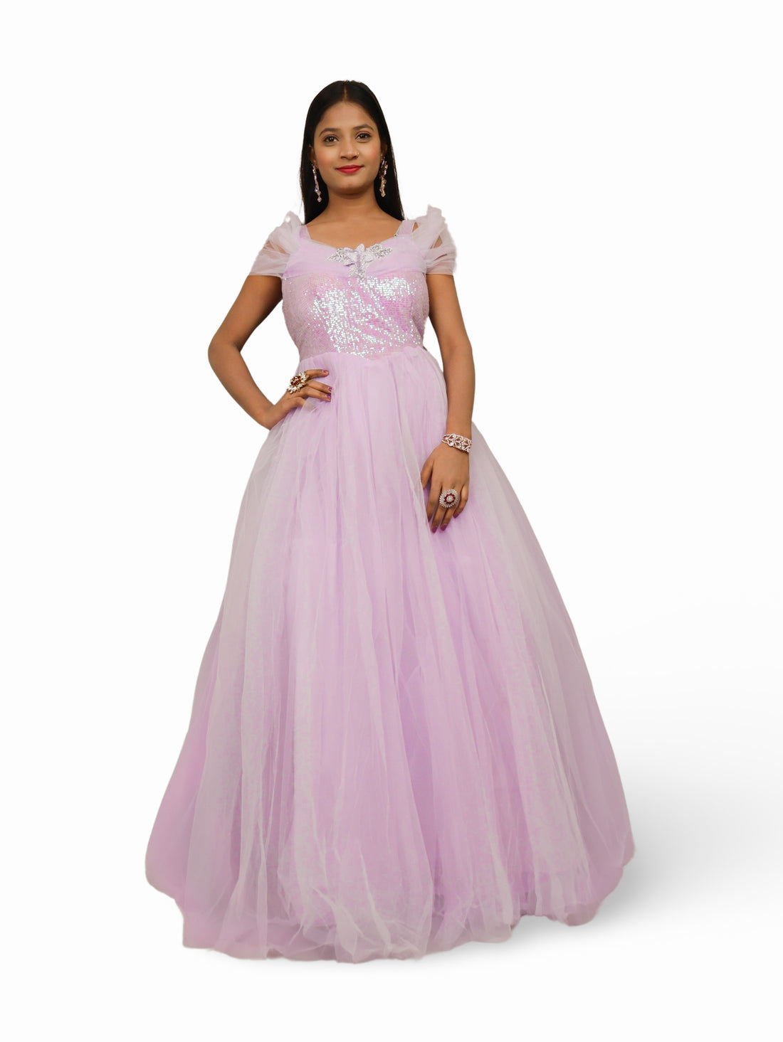 Net Fabric Gown with Sequin & Beads work by Shreekama Lavender Designer Gowns for Party Festival Wedding Occasion in Noida