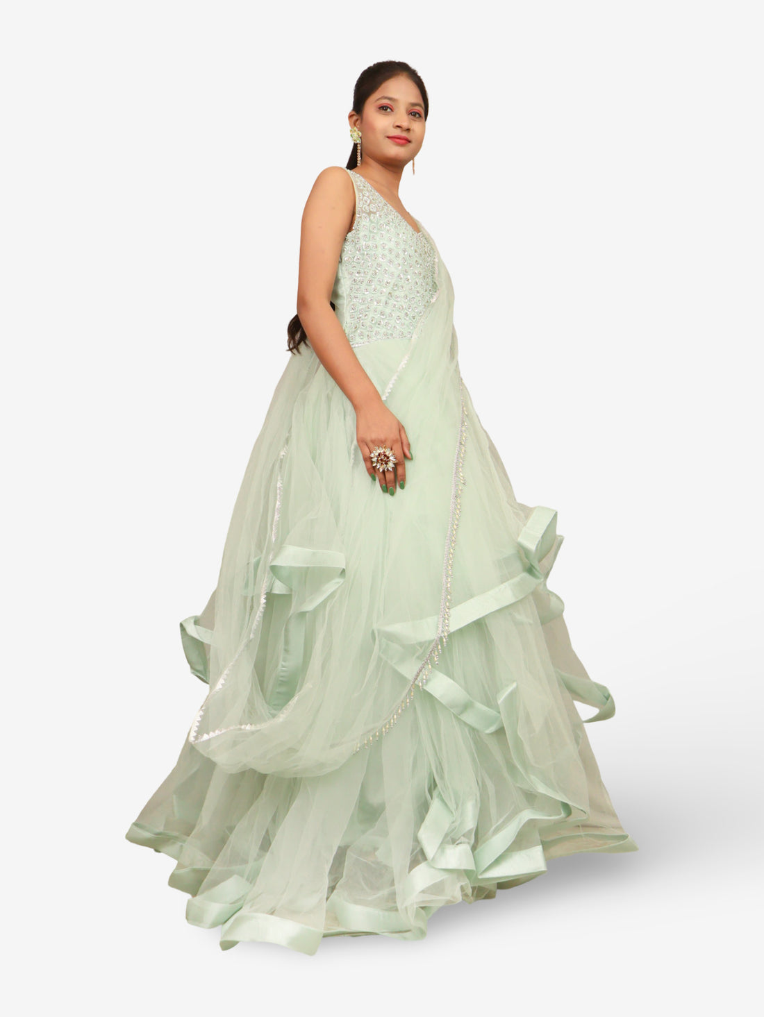 Gown with Stone & Beads Work by Shreekama Pista Green Designer Gowns for Party Festival Wedding Occasion in Noida