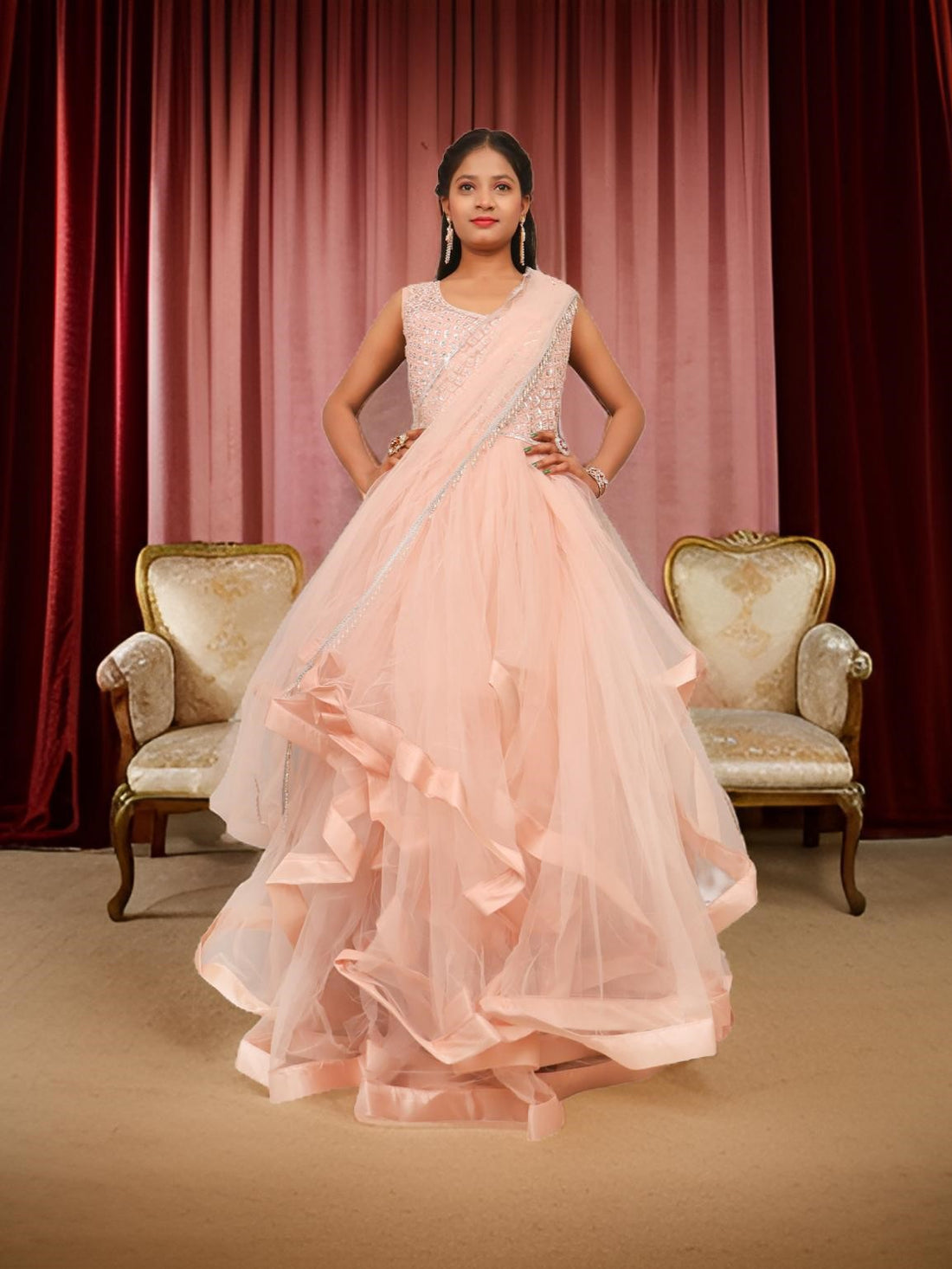 Gown with Stone &amp; Beads Work by Shreekama Pista Green Designer Gowns for Party Festival Wedding Occasion in Noida