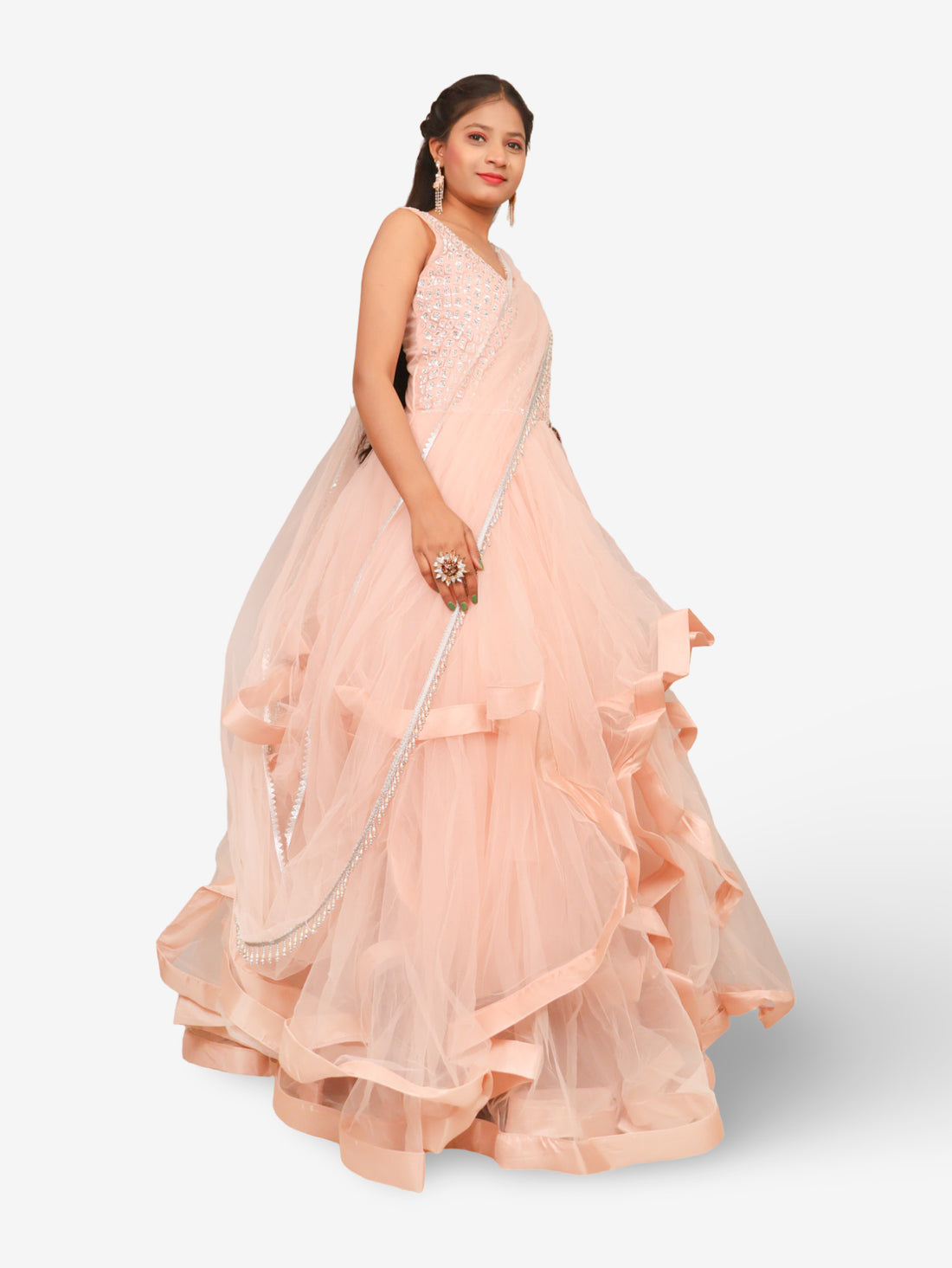 Gown with Stone &amp; Beads Work by Shreekama Pista Green Designer Gowns for Party Festival Wedding Occasion in Noida