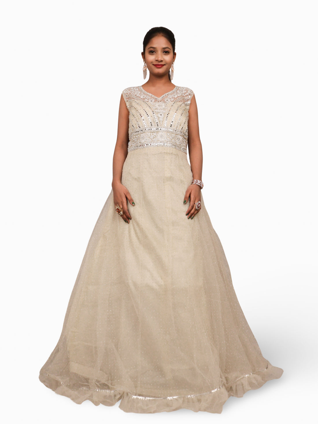 Gown with Embroidery & Glitter Work by Shreekama Off White Designer Gowns for Party Festival Wedding Occasion in Noida