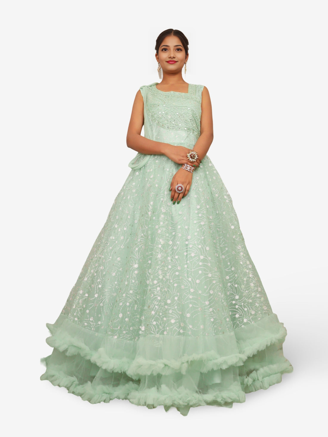 Gown with Mirror & Cut Dana Work by Shreekama Pista Green Designer Gowns for Party Festival Wedding Occasion in Noida