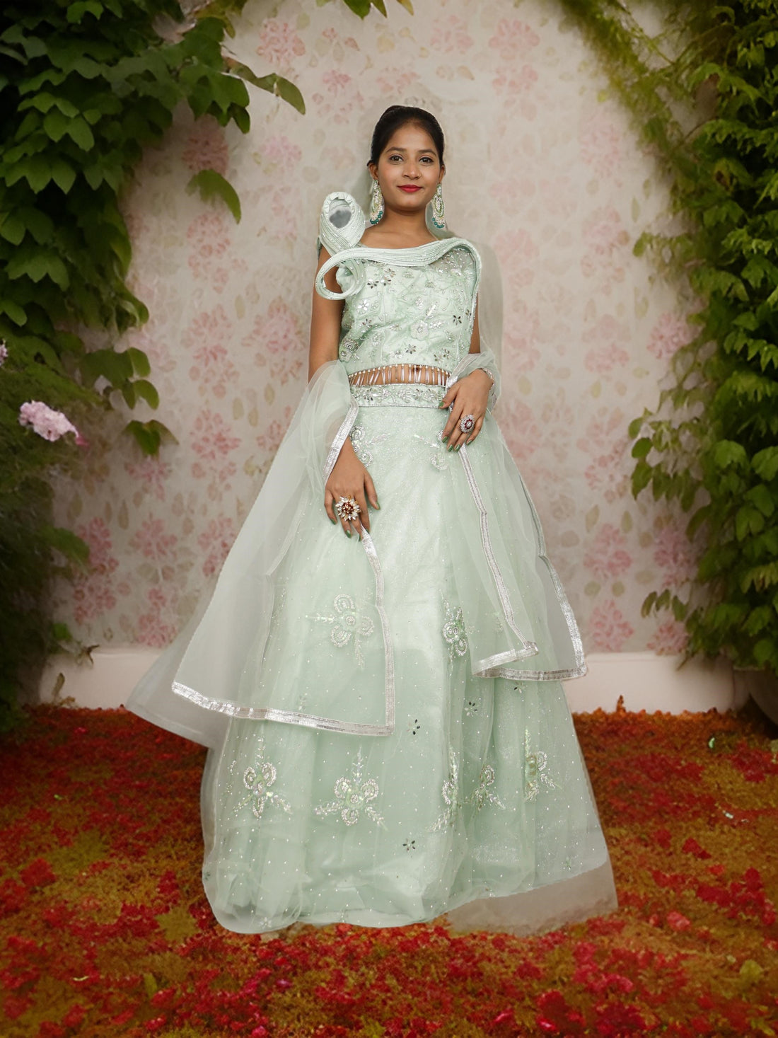 Lehenga Choli Set with Mirror Stones &amp; Sequin by Shreekama Peach Designer Lehenga for Party Festival Wedding Occasion in Noida
