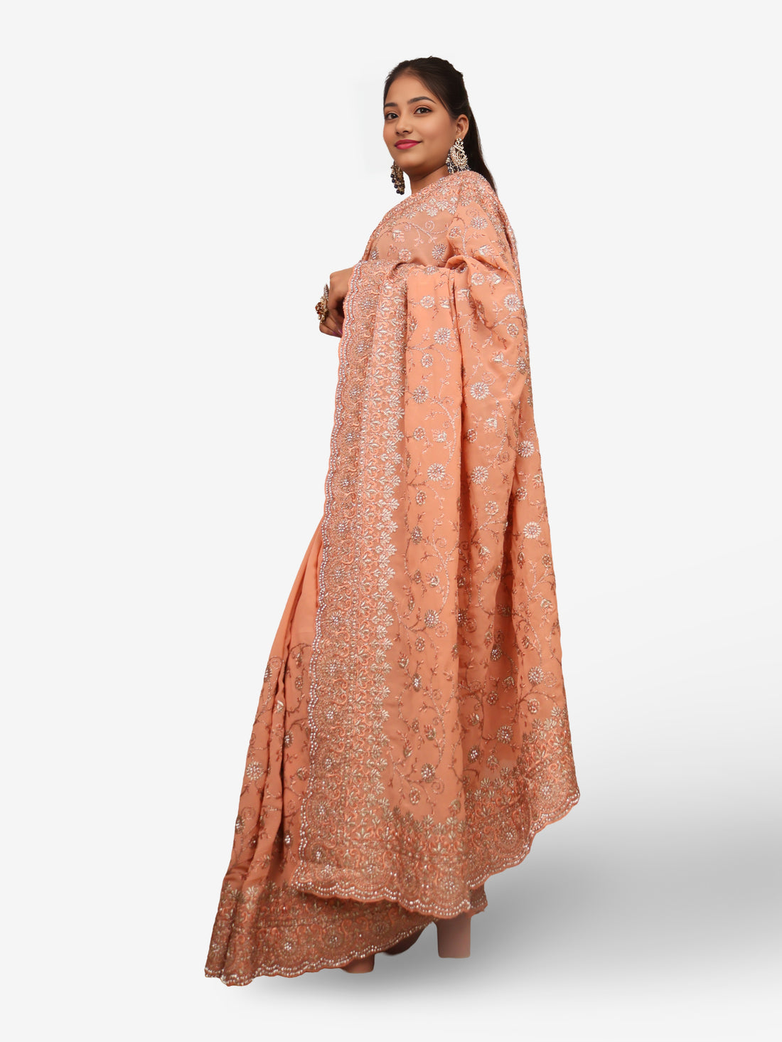 Designer Saree with Stone & Embroidery Work by Shreekama Peach Designer Sarees for Party Festival Wedding Occasion in Noida