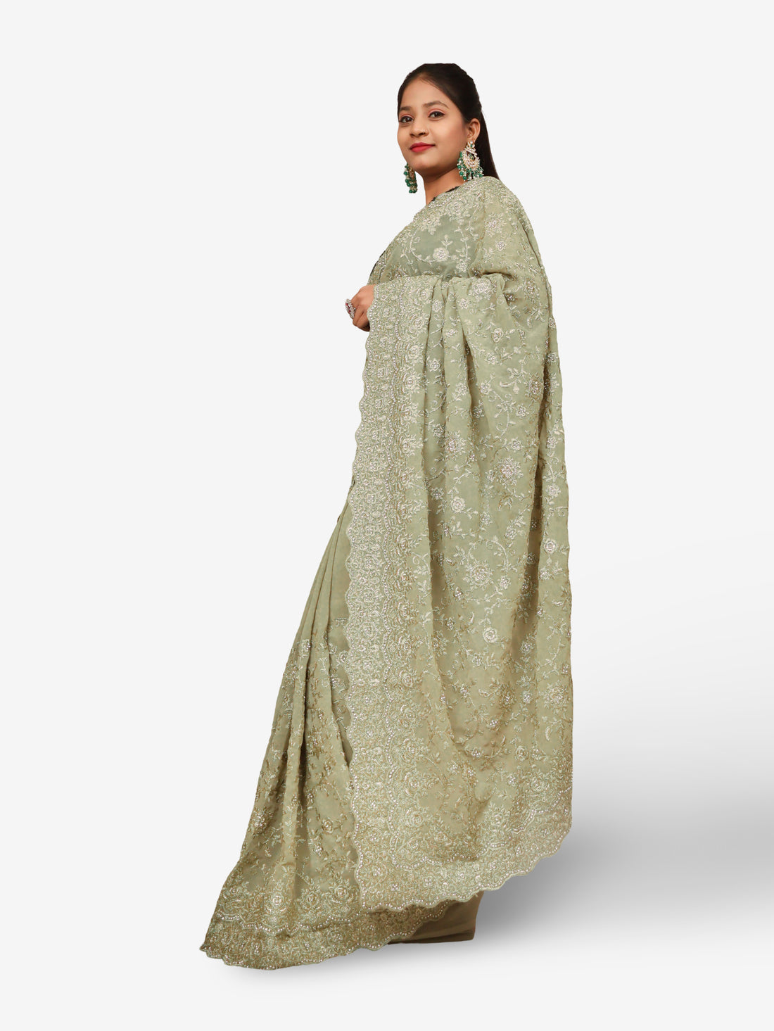 Designer Saree with Stone & Heavy Embroidery Work by Shreekama Mint Green Designer Sarees for Party Festival Wedding Occasion in Noida