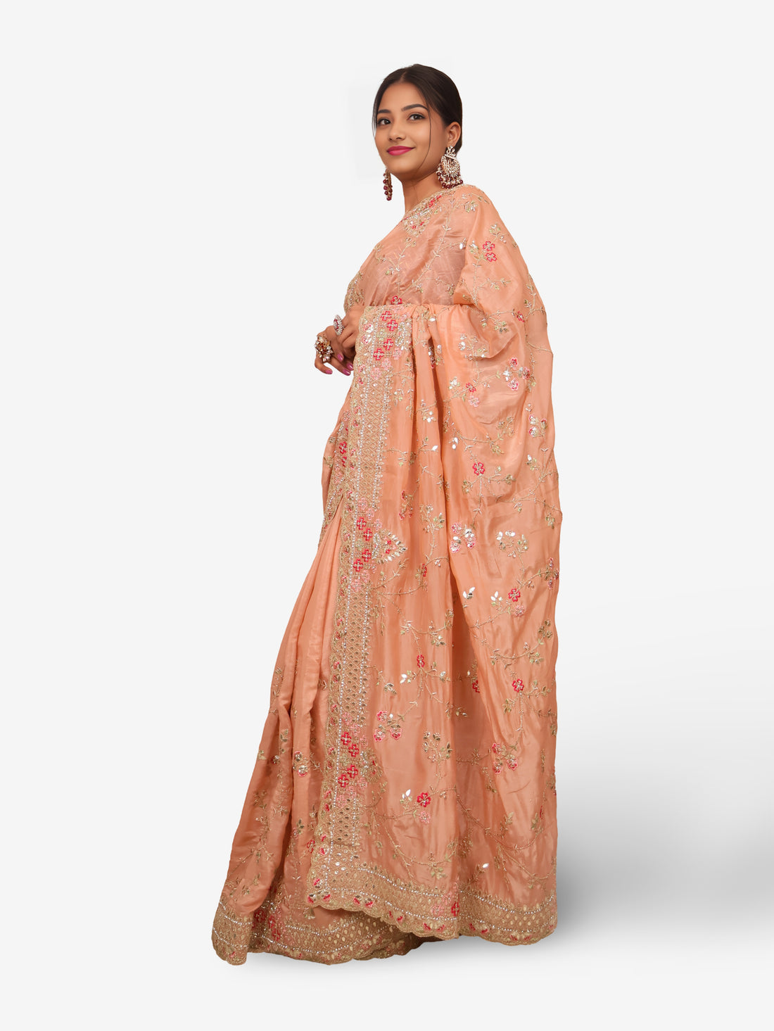 Designer Saree with Heavy Embroidery & Zari Thread Work by Shreekama Peach Designer Sarees for Party Festival Wedding Occasion in Noida